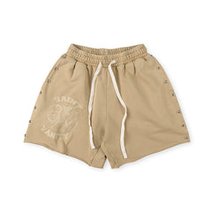 SAINT VANITY Vintage Graphic Side-Snap Casual Shorts - Khaki / Vintage Wash