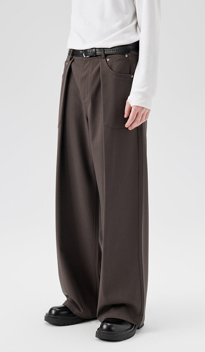 Wide Leg Pleated Trousers with Button Details