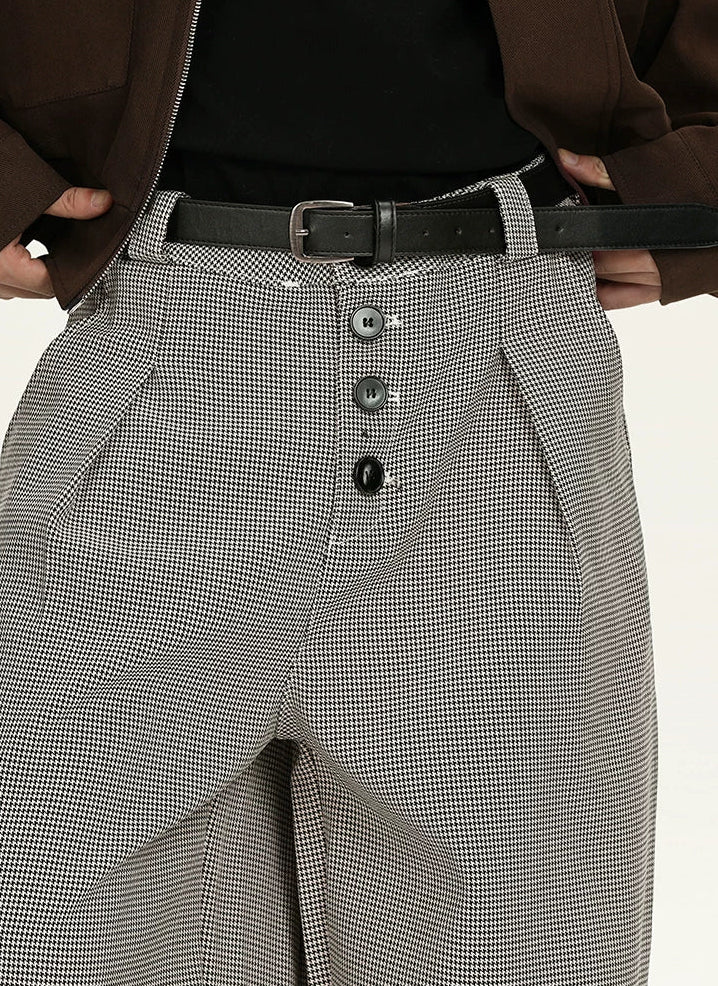 Houndstooth Pattern Button-Fly Wide Leg Trousers
