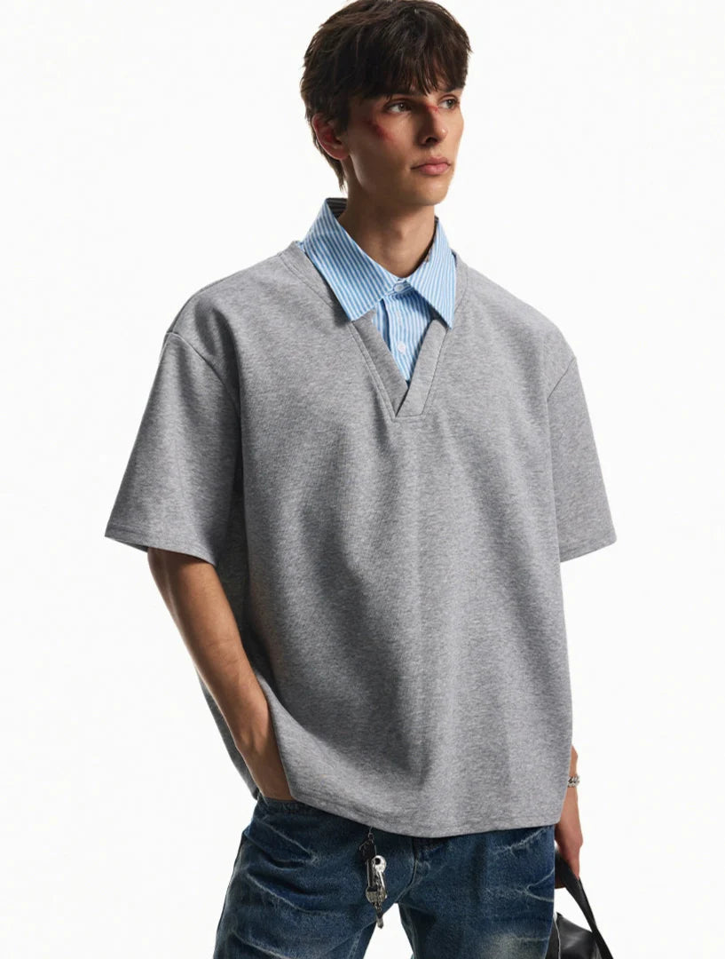 Mock Layered Contrast Collar Short Sleeve Shirt