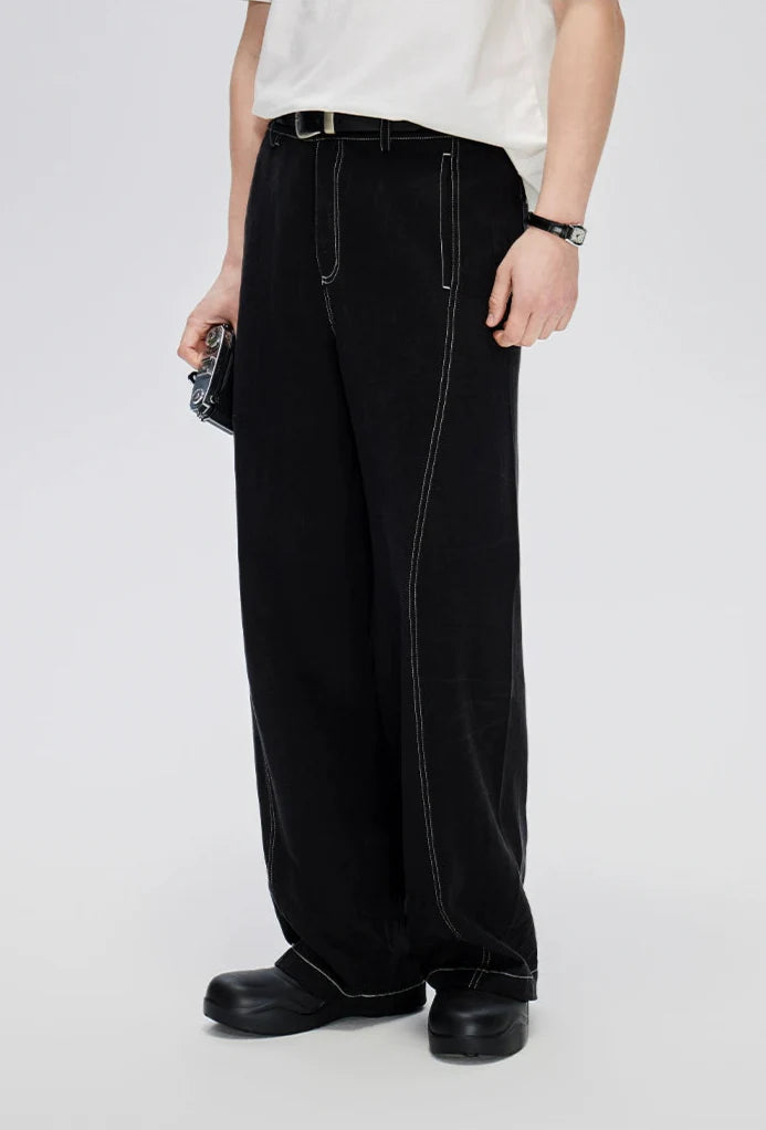 Straight Leg Linen-Blend Contrast Stitch Pants