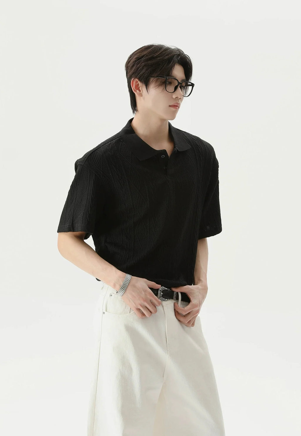 Textured Cable Knit Short Sleeve Polo Shirt