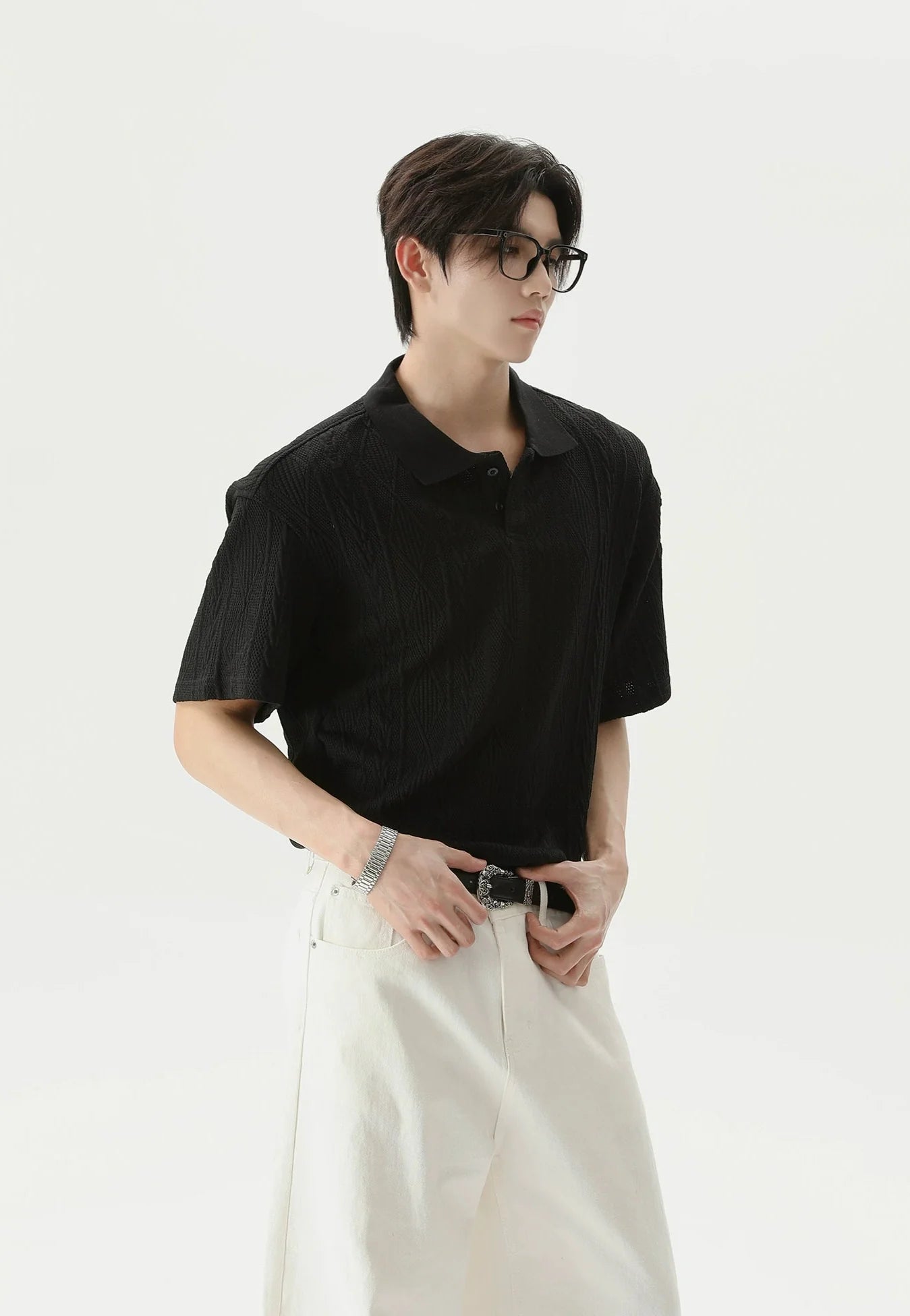 Textured Cable Knit Short Sleeve Polo Shirt