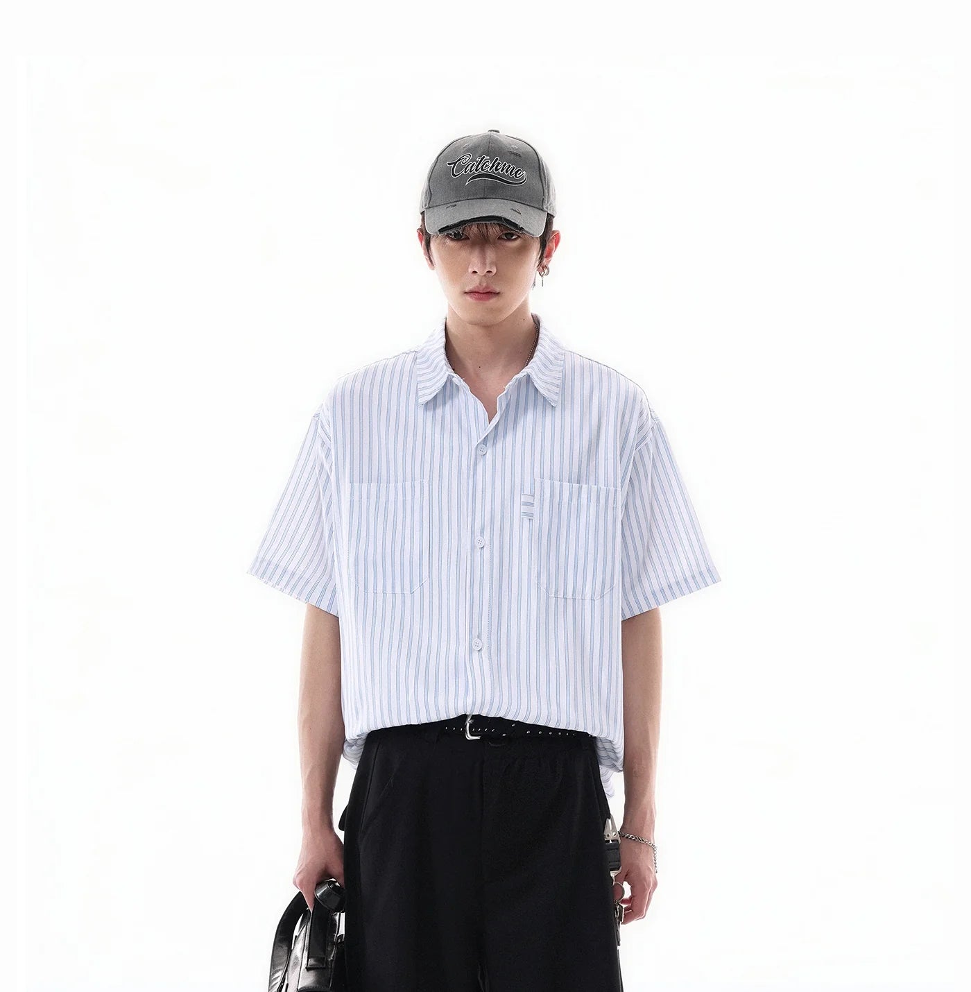 Oversized Stripe Short Sleeve Button Shirt with Chest Pockets
