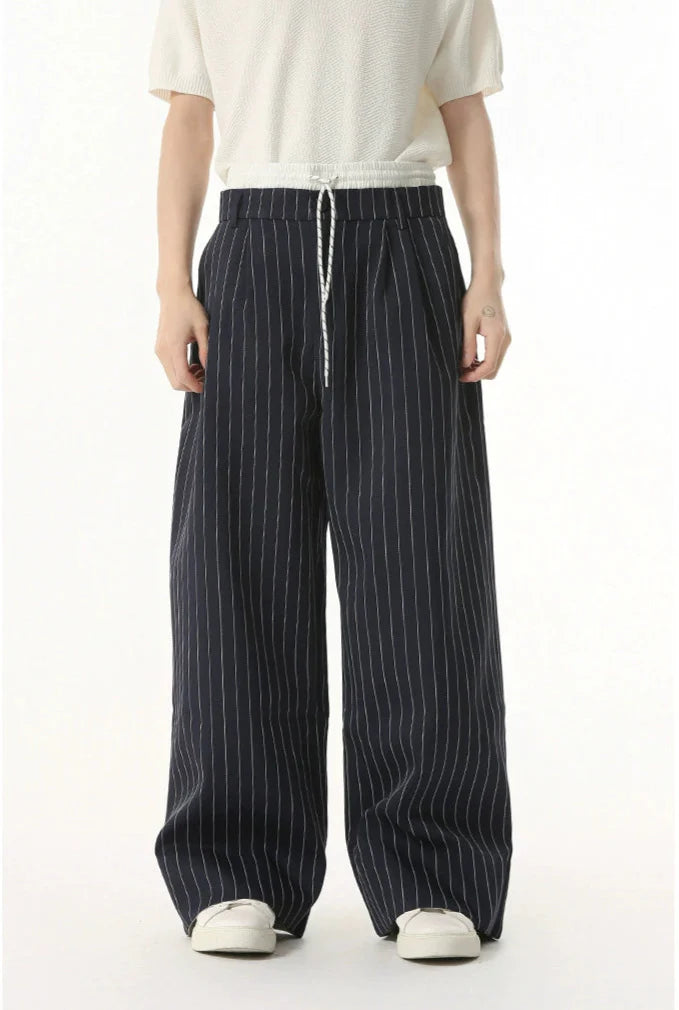 Mock Two-Piece Pinstripe Wide Leg Trousers with Elastic Waist