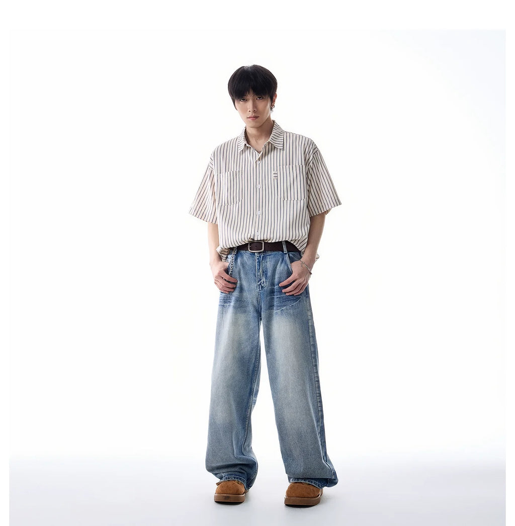 Oversized Stripe Short Sleeve Button Shirt with Chest Pockets