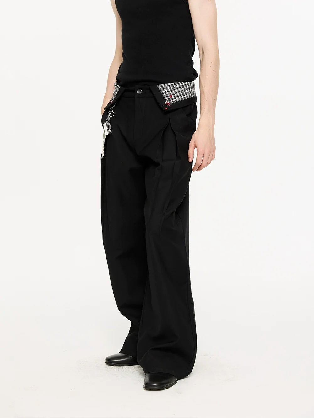Fold-Over Plaid Pattern Waist Pleated Pants