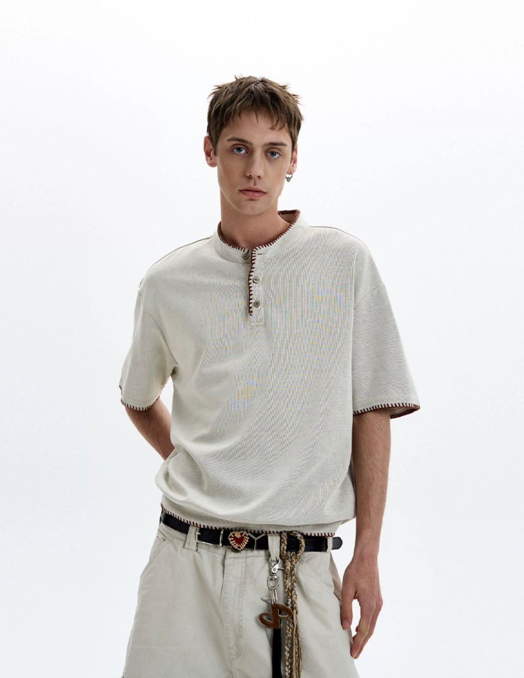 Contrast Stitch Trim Henley Neck Short Sleeve Top