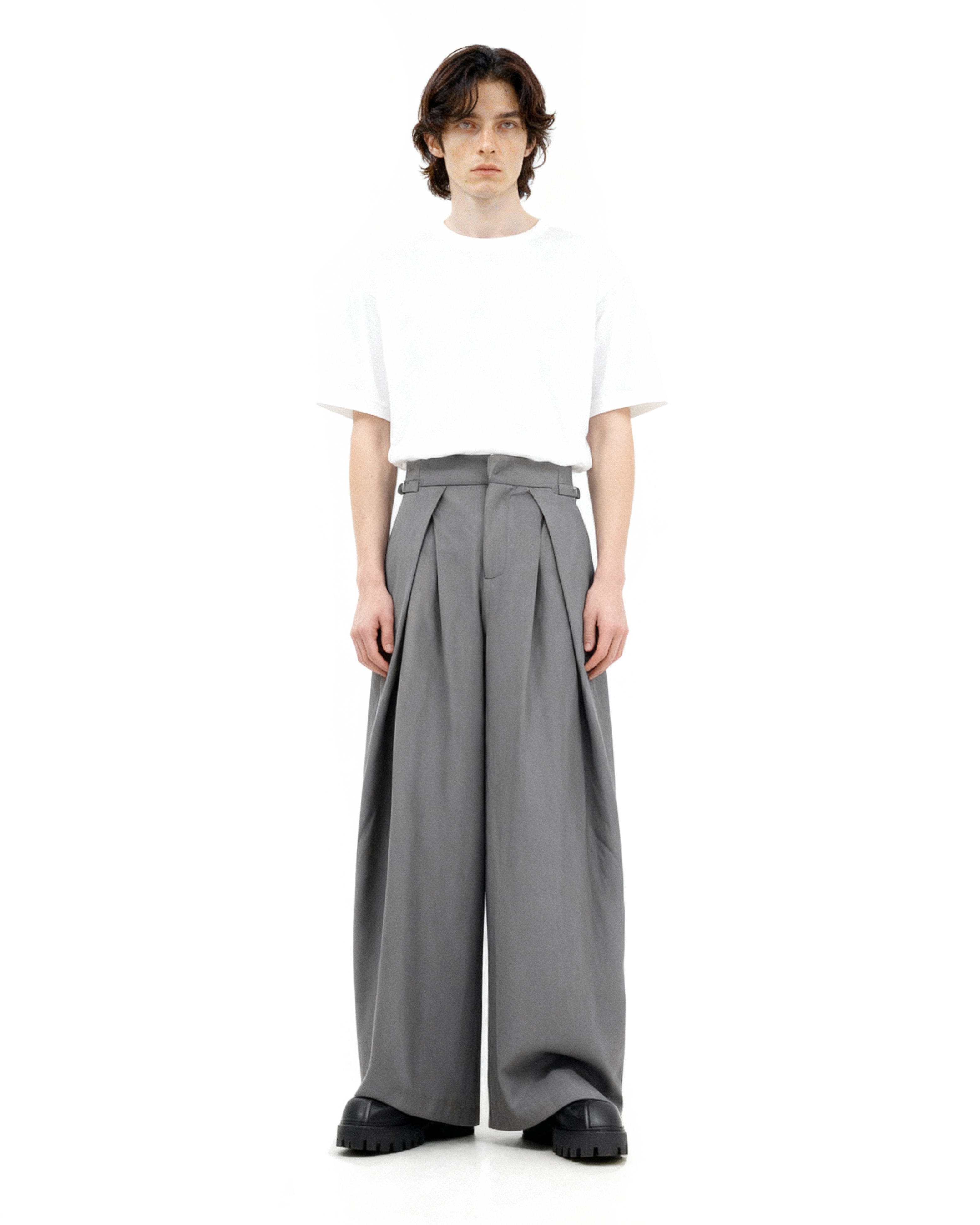 Wide Leg Pleated Palazzo Trousers with Belt Detail