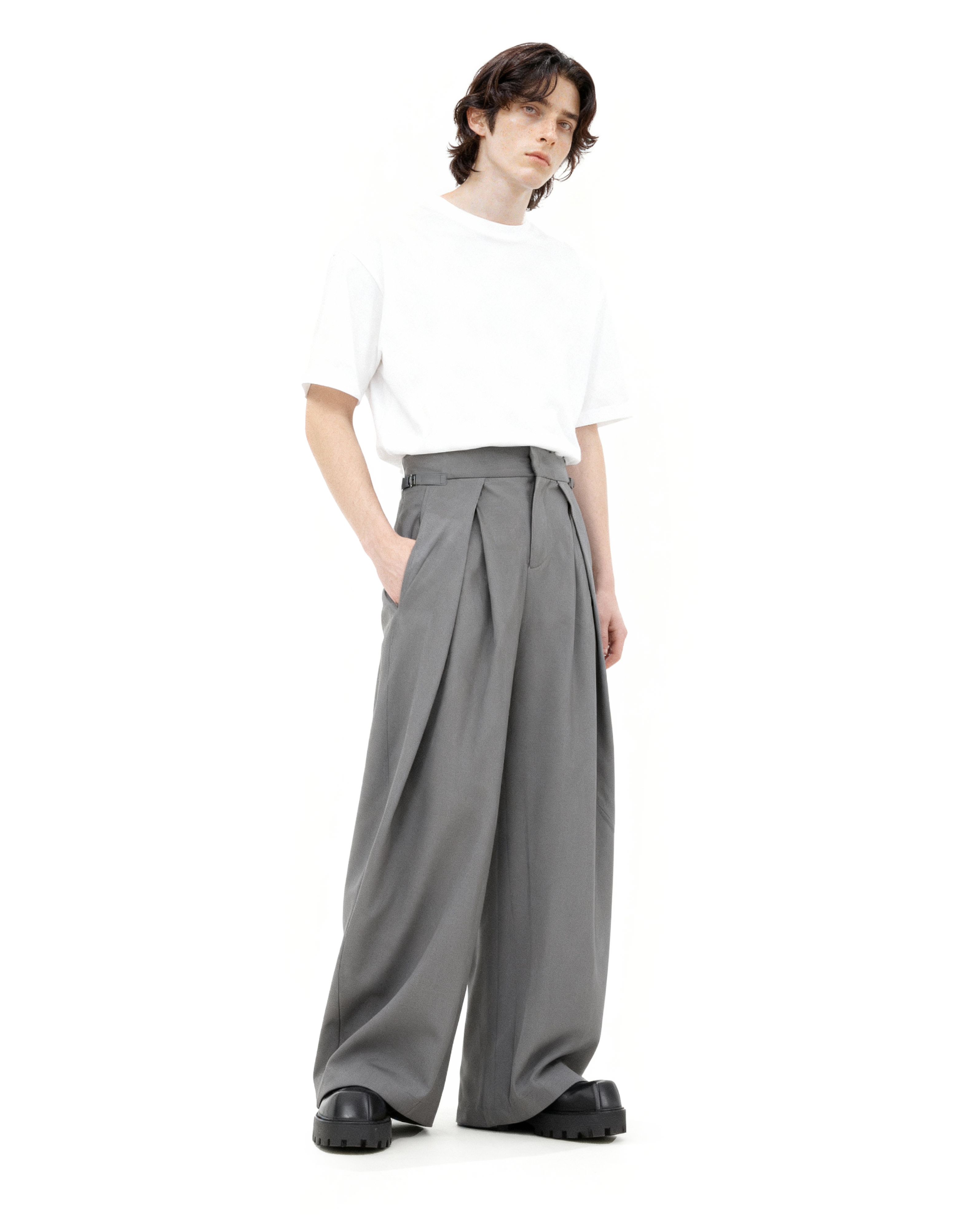 Wide Leg Pleated Palazzo Trousers with Belt Detail