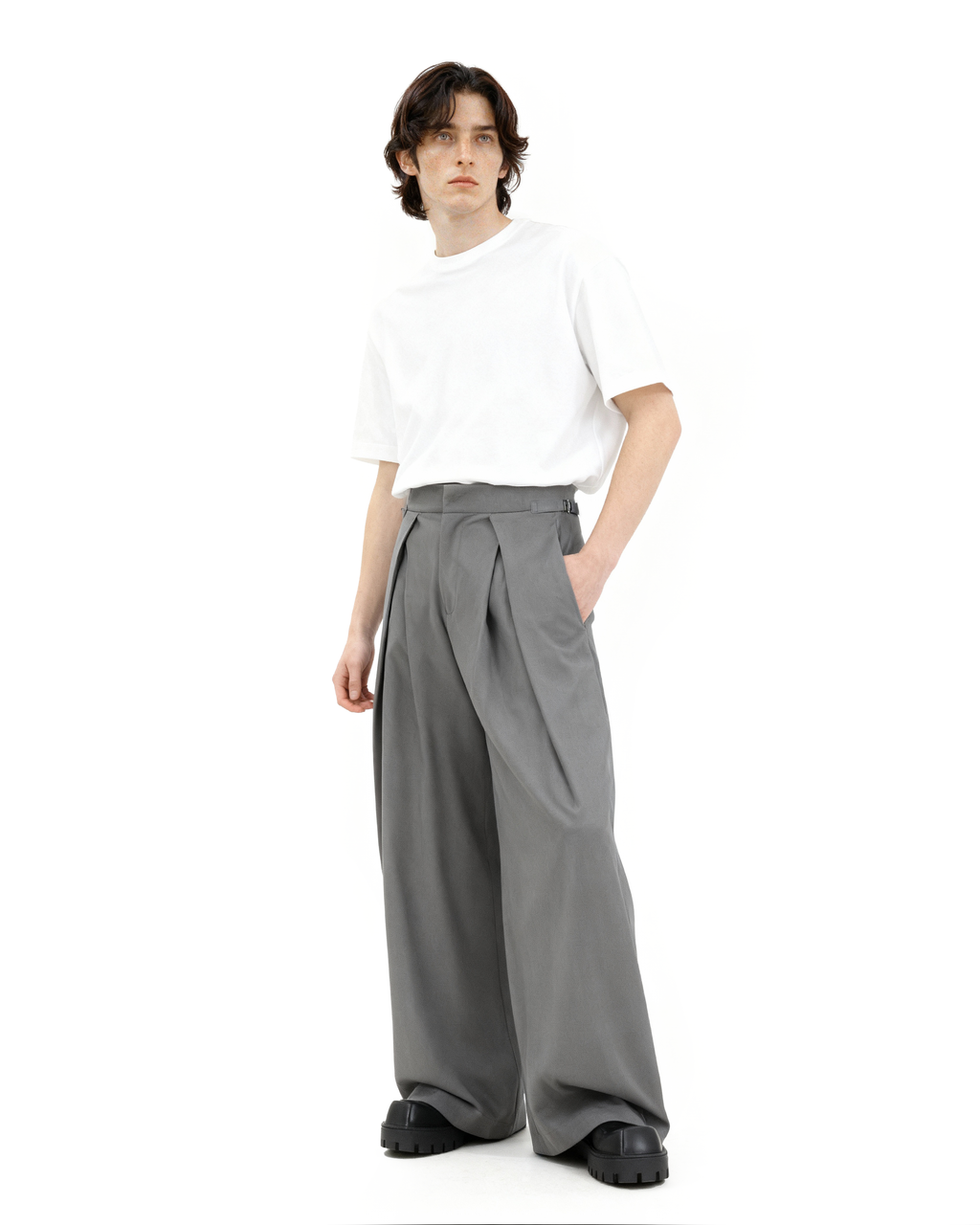 Wide Leg Pleated Palazzo Trousers with Belt Detail