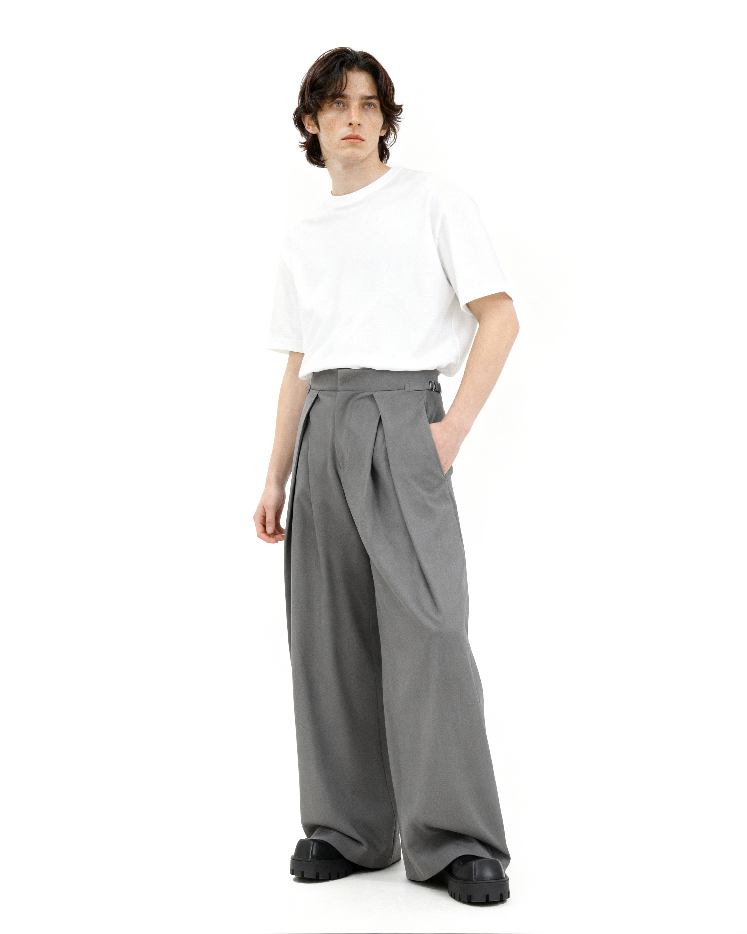 Wide Leg Pleated Palazzo Trousers with Belt Detail