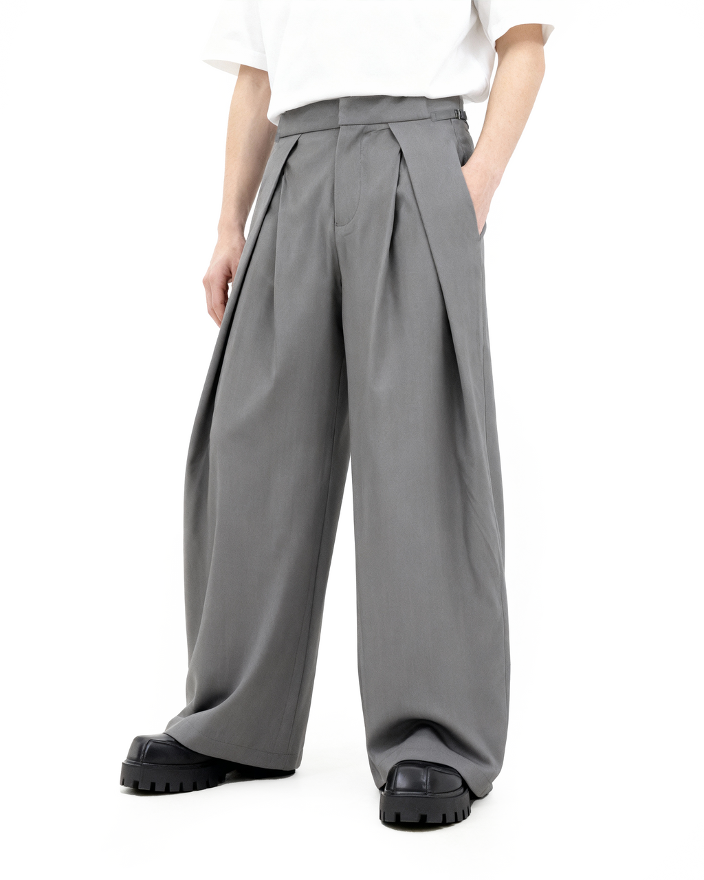 Wide Leg Pleated Palazzo Trousers with Belt Detail
