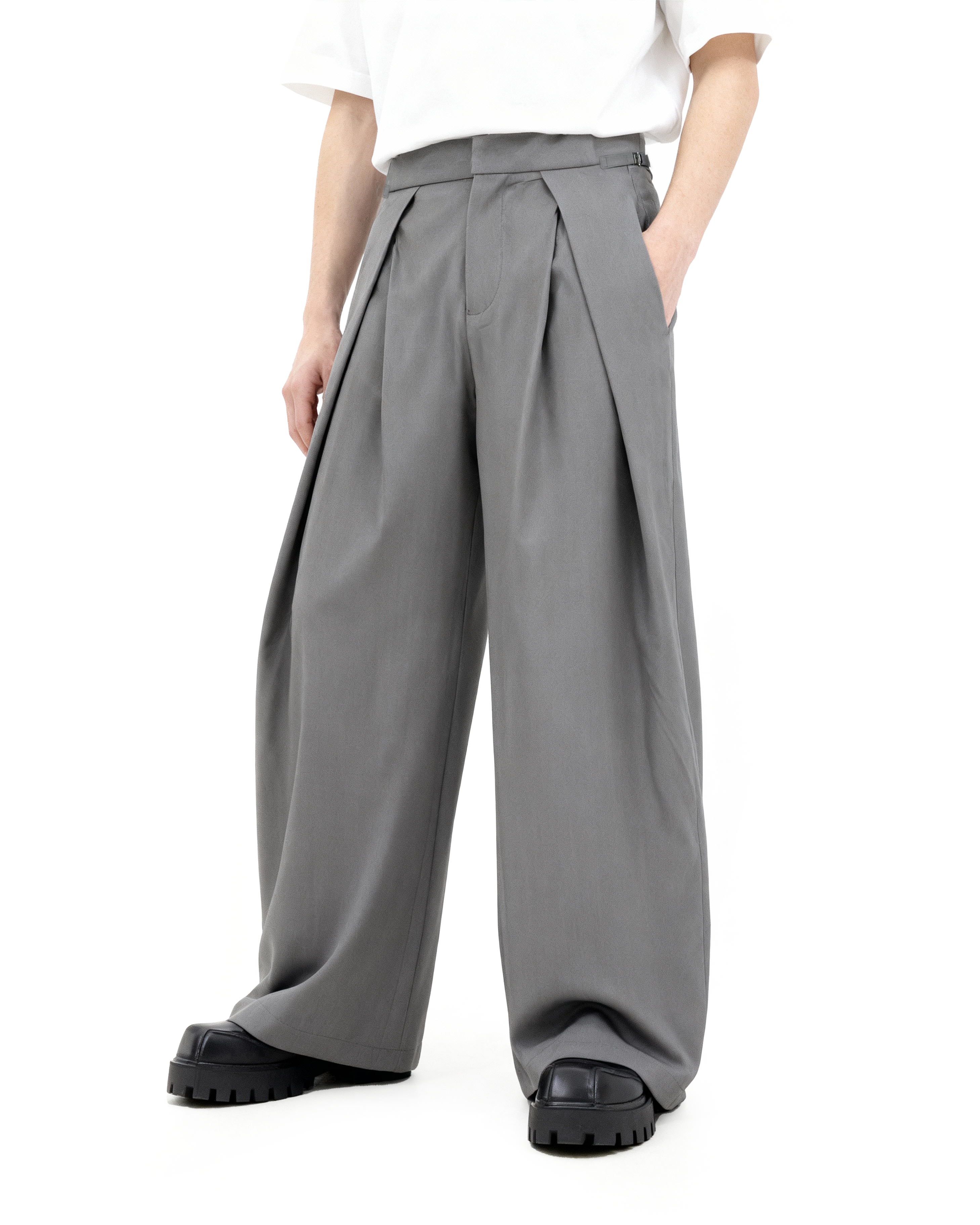 Wide Leg Pleated Palazzo Trousers with Belt Detail