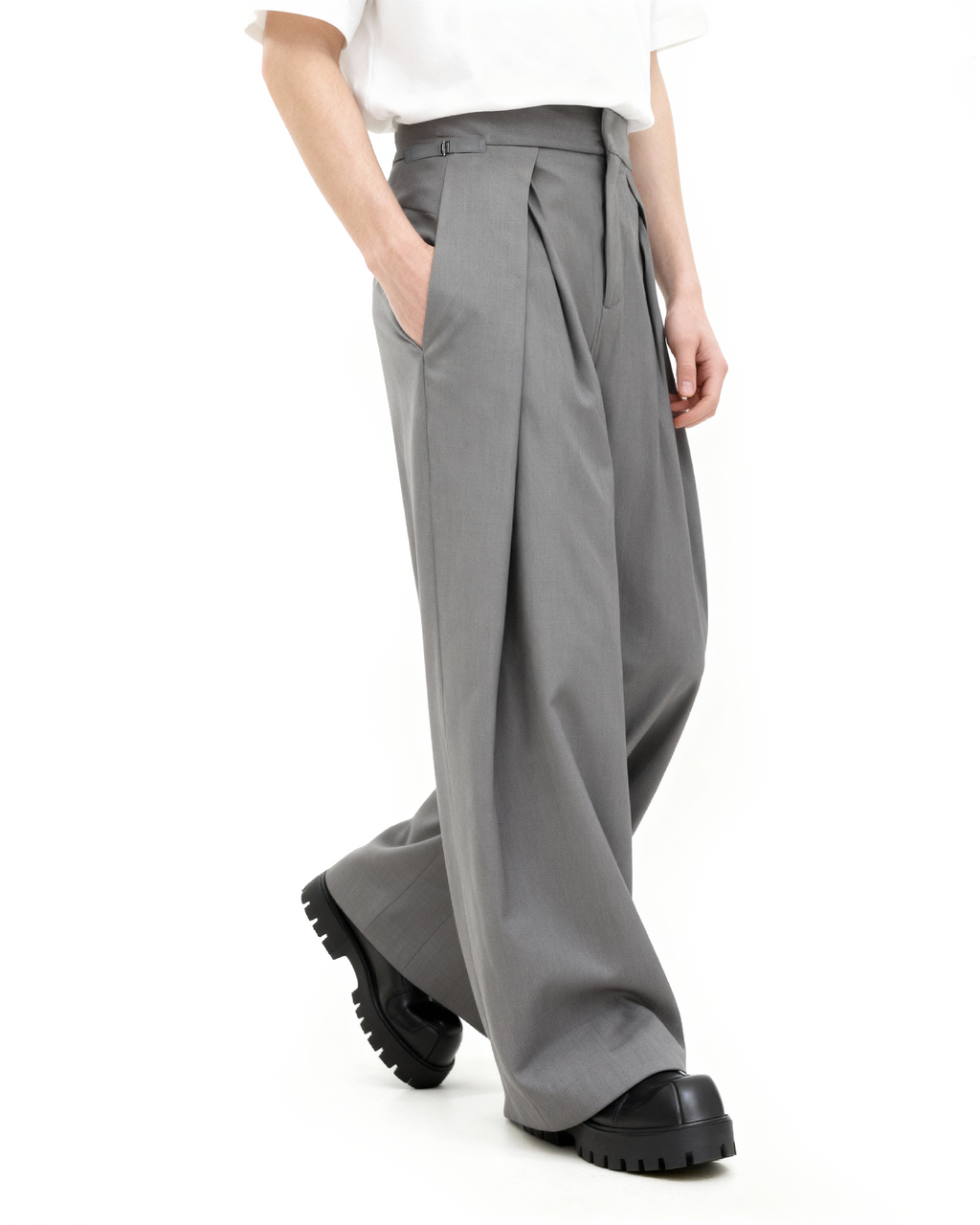 Wide Leg Pleated Palazzo Trousers with Belt Detail
