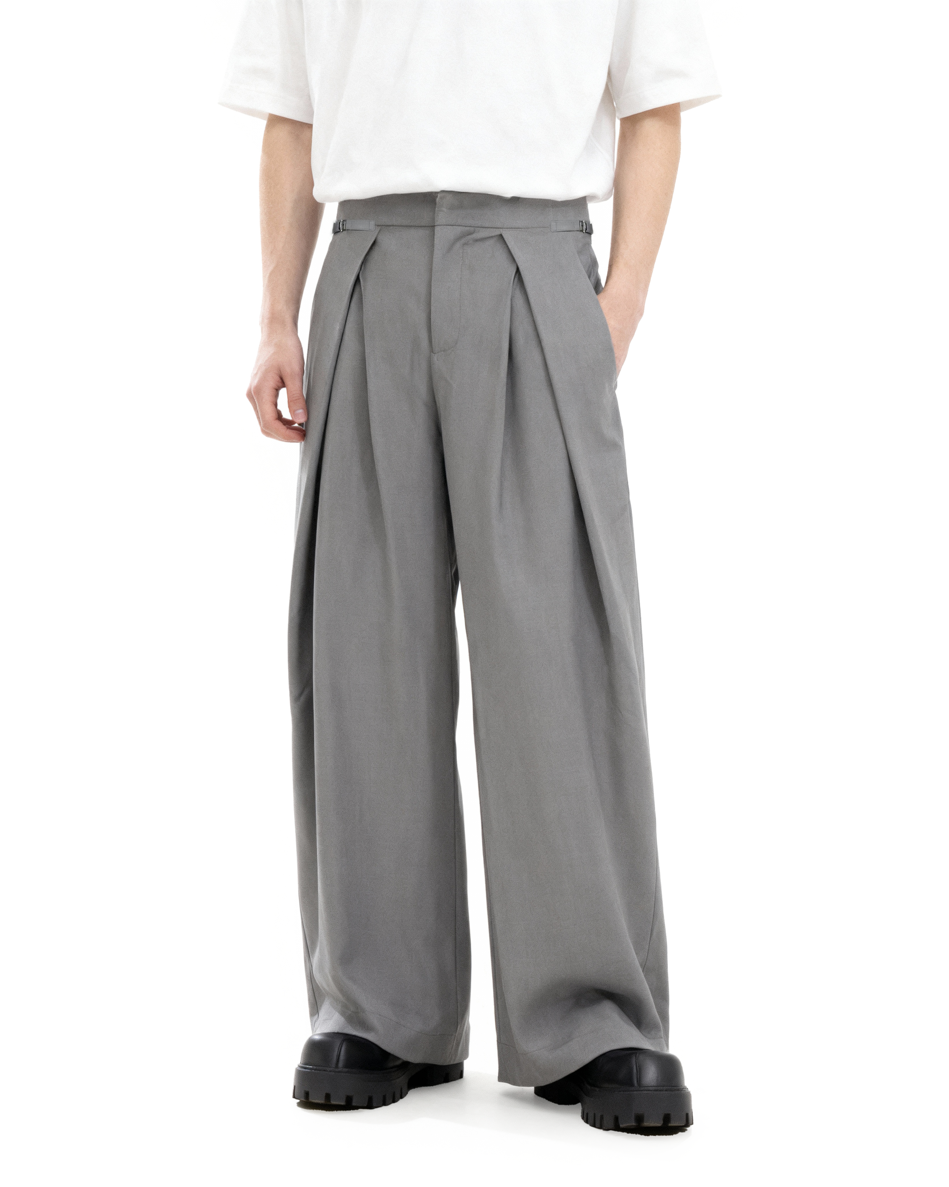 Wide Leg Pleated Palazzo Trousers with Belt Detail