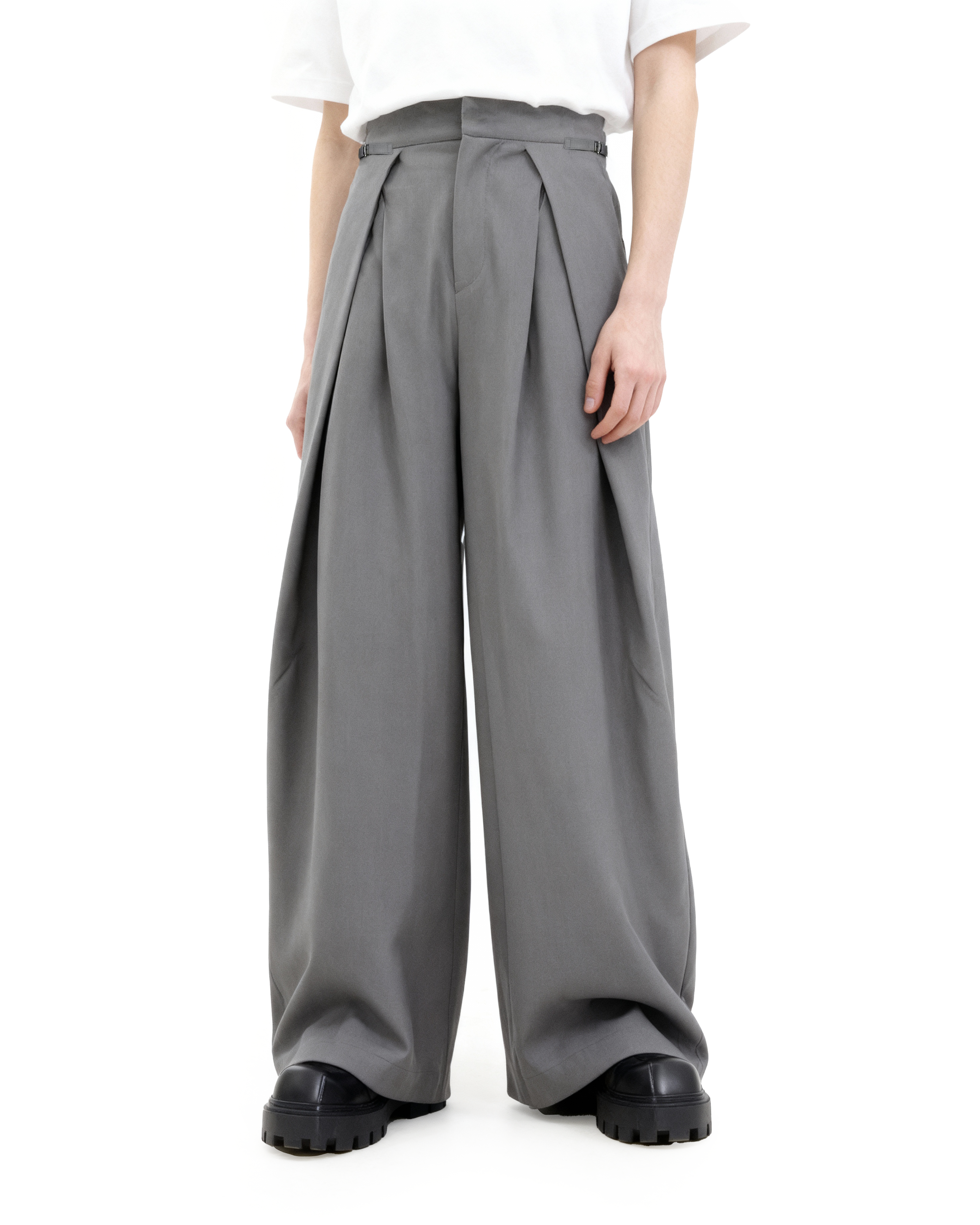 Wide Leg Pleated Palazzo Trousers with Belt Detail