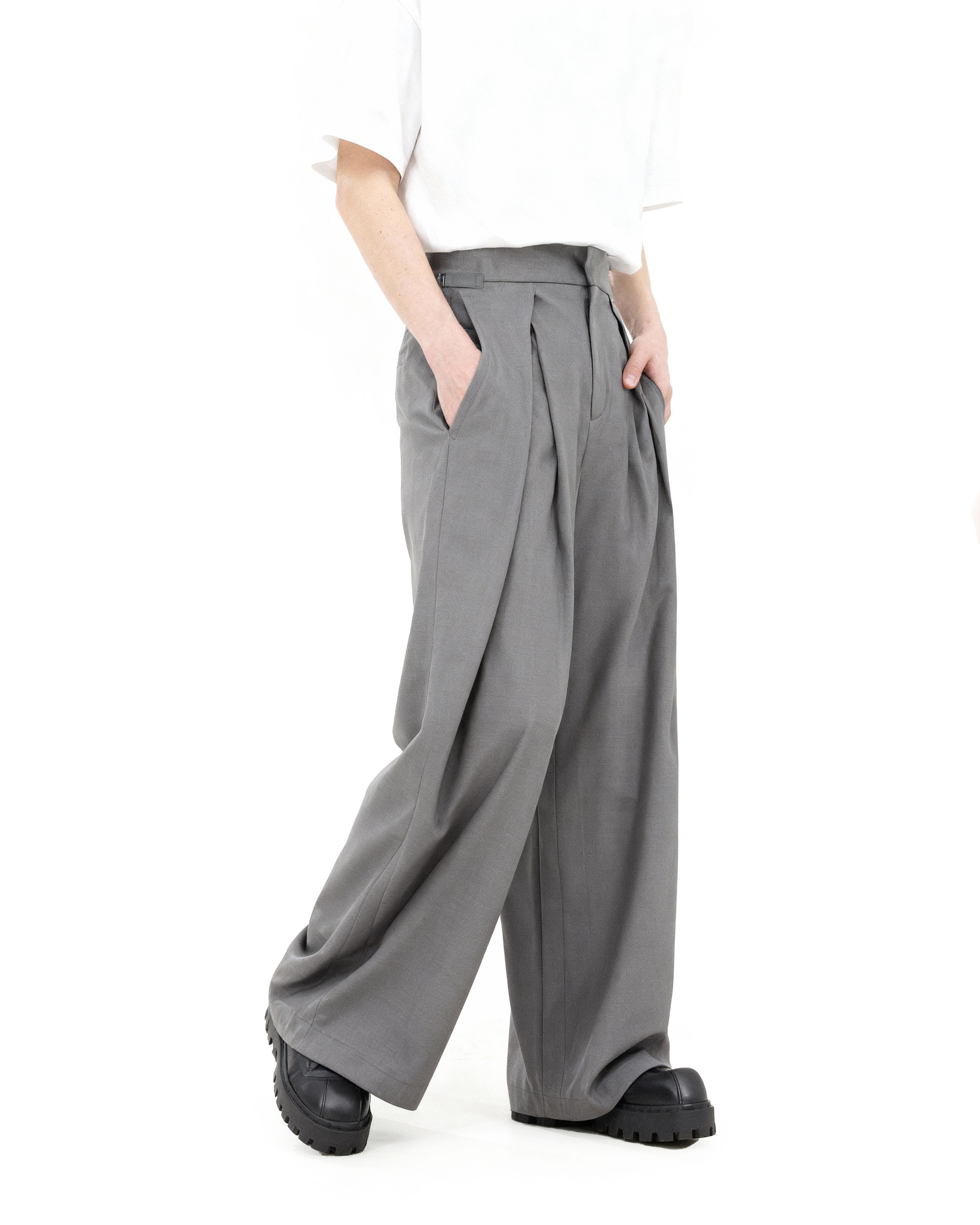 Wide Leg Pleated Palazzo Trousers with Belt Detail