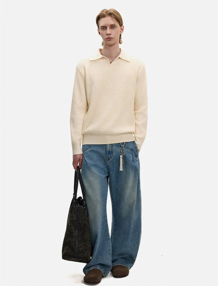 Waffle Textured Long Sleeve Polo Shirt