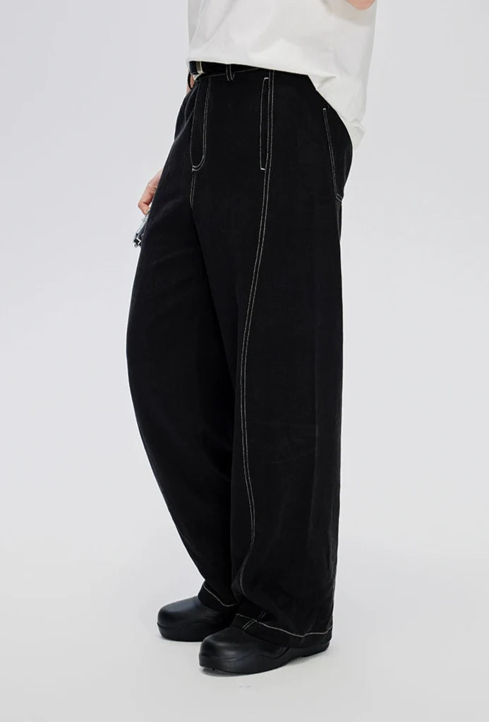 Straight Leg Linen-Blend Contrast Stitch Pants