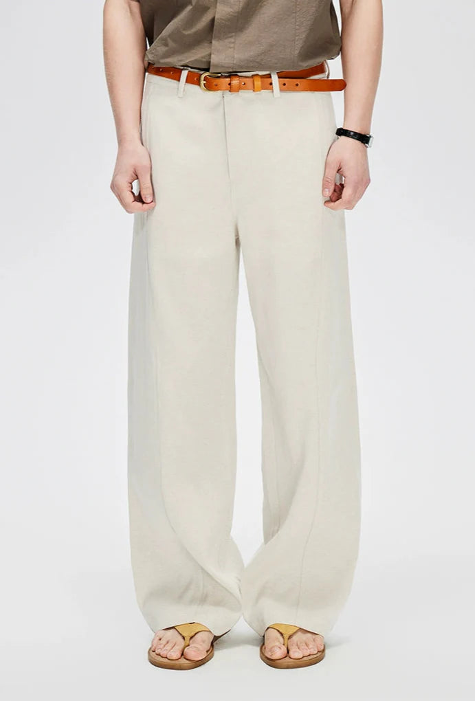 Straight Leg Linen-Blend Contrast Stitch Pants