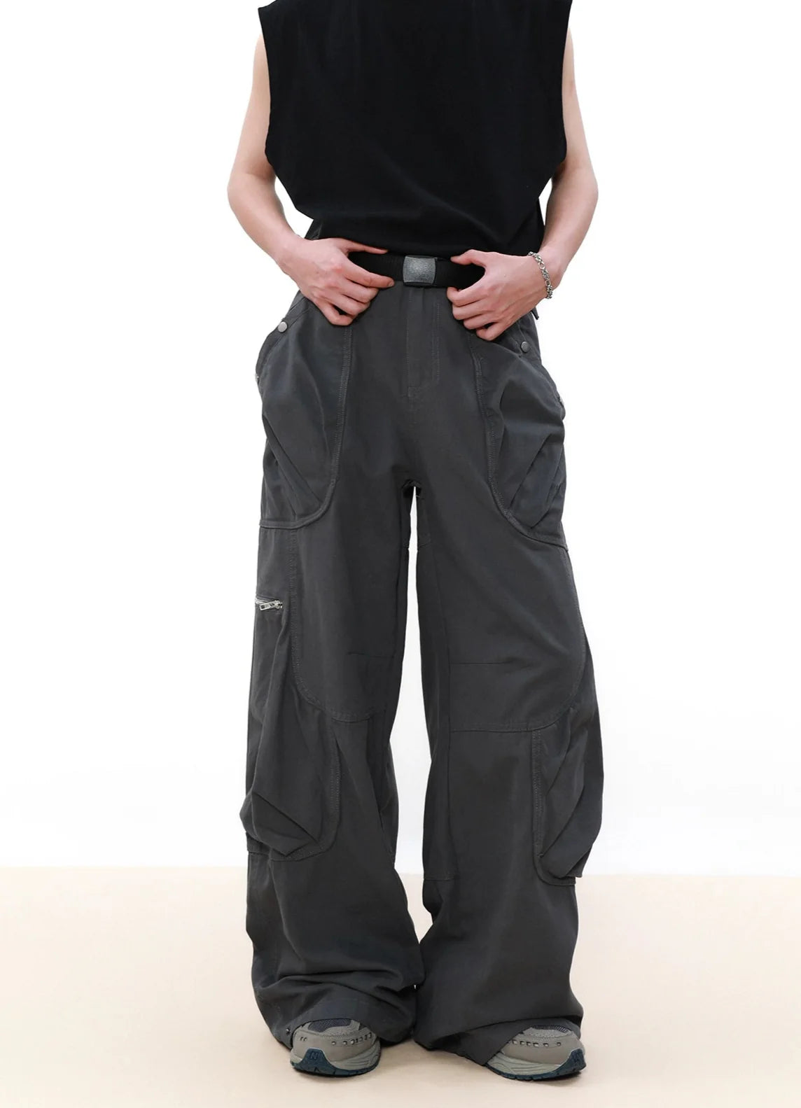 Wide Leg Cargo Pants with Oversized Pleated Pockets