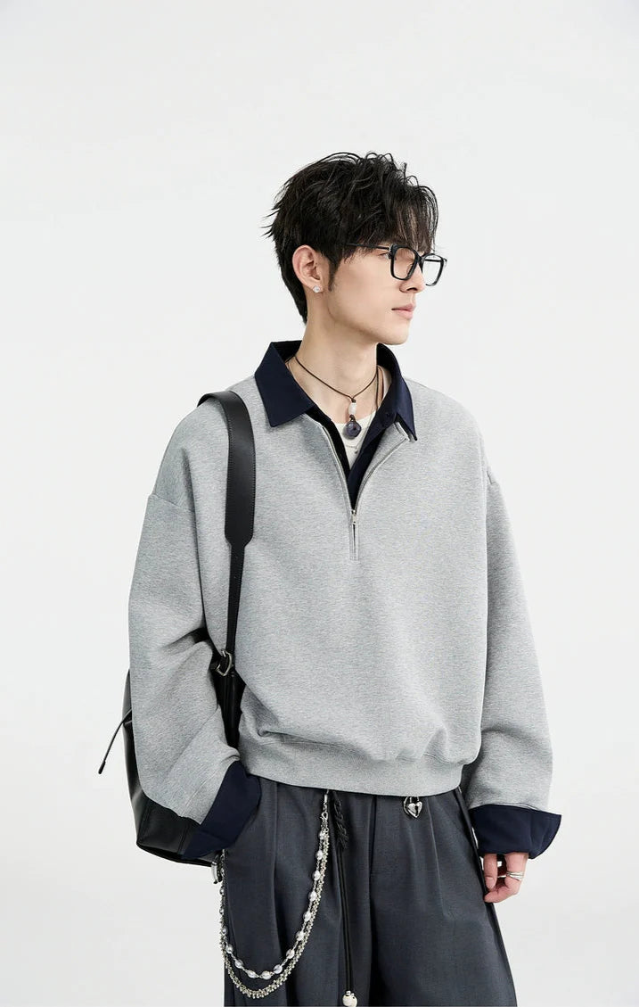 Half Zip Mock Two-Piece Layered Pullover Sweatshirt