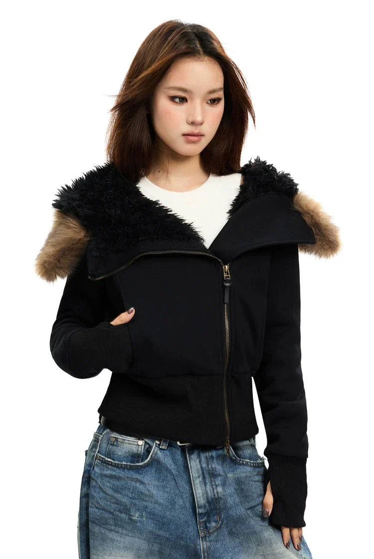 Fleece-Lined Hooded Jacket with Faux Fur Trim