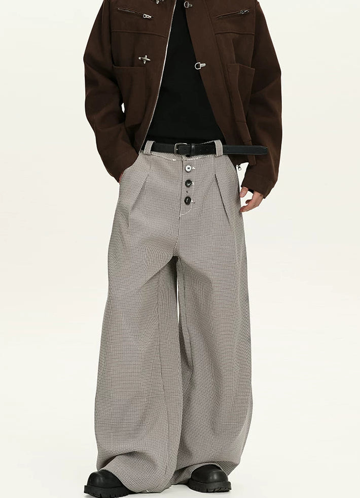 Houndstooth Pattern Button-Fly Wide Leg Trousers