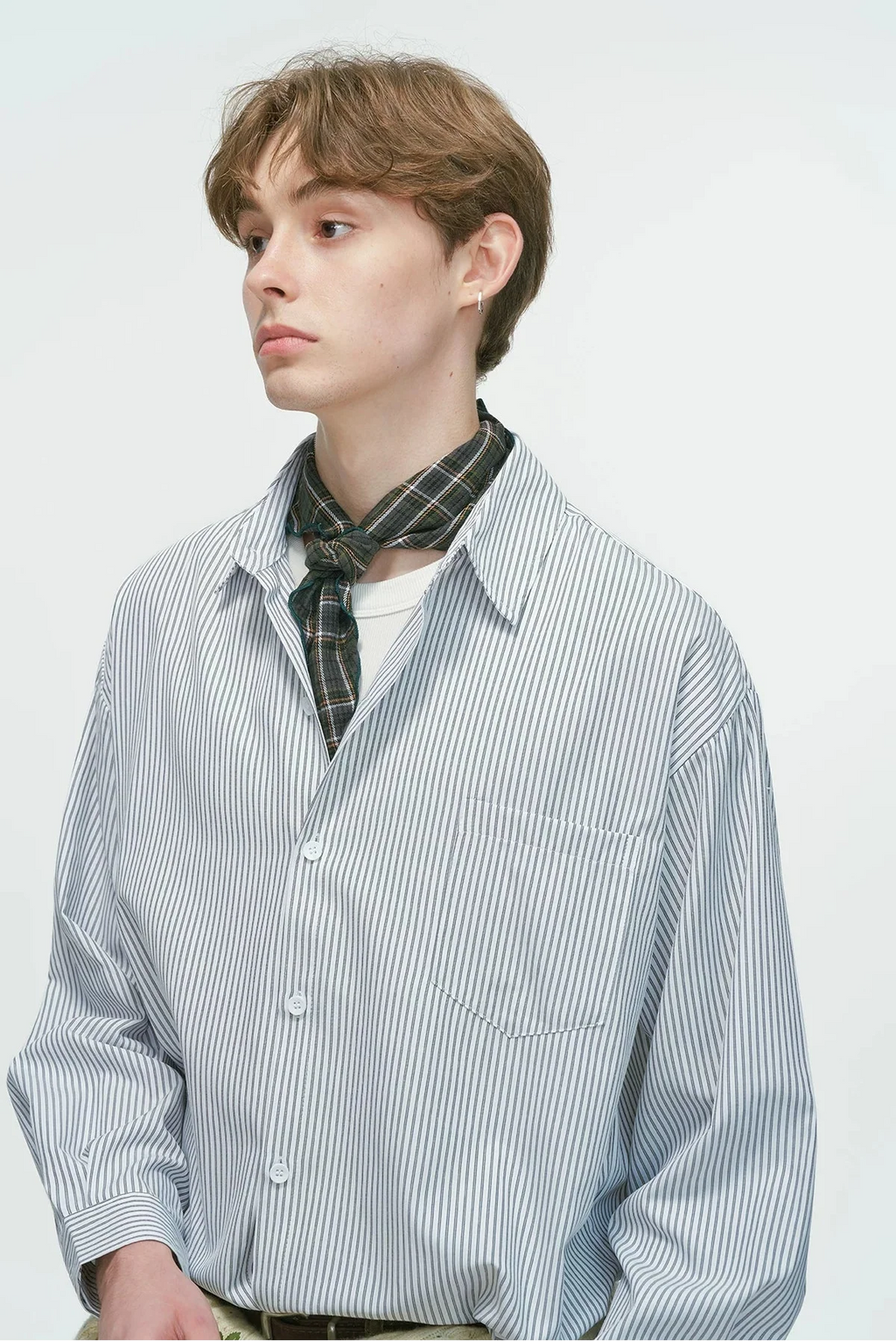 Drop Shoulder Pinstripe Long Sleeve Button-Up Shirt