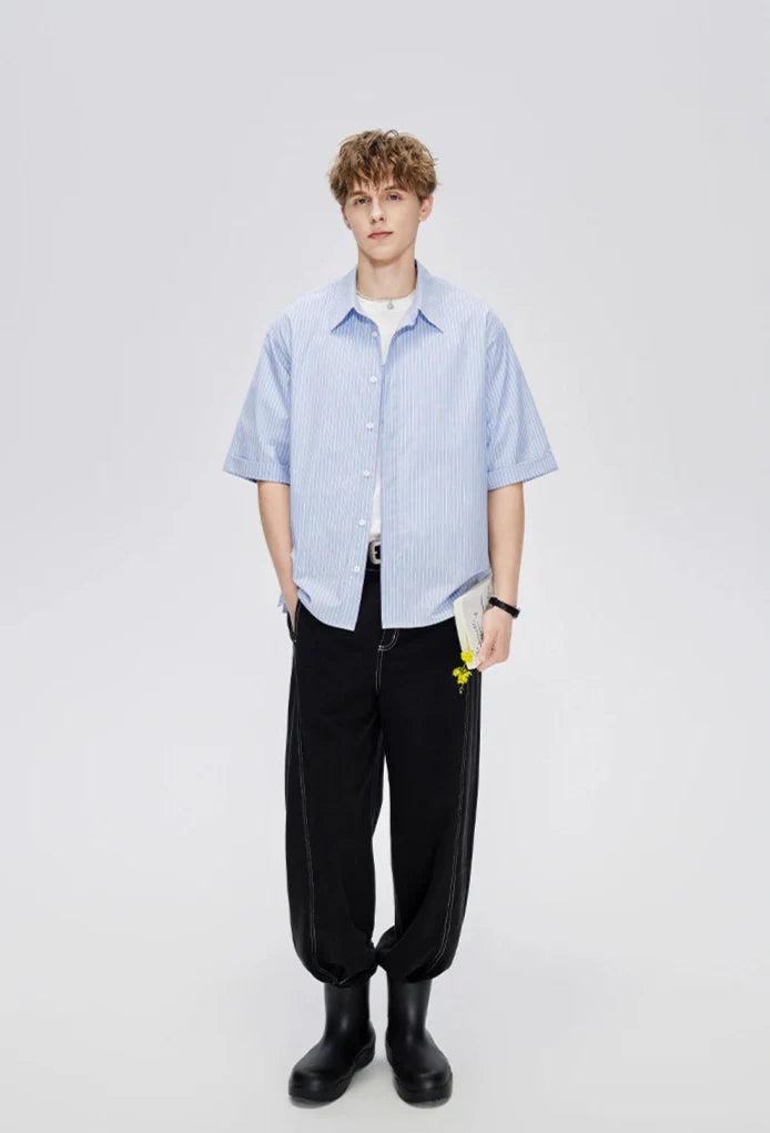 Straight Leg Linen-Blend Contrast Stitch Pants