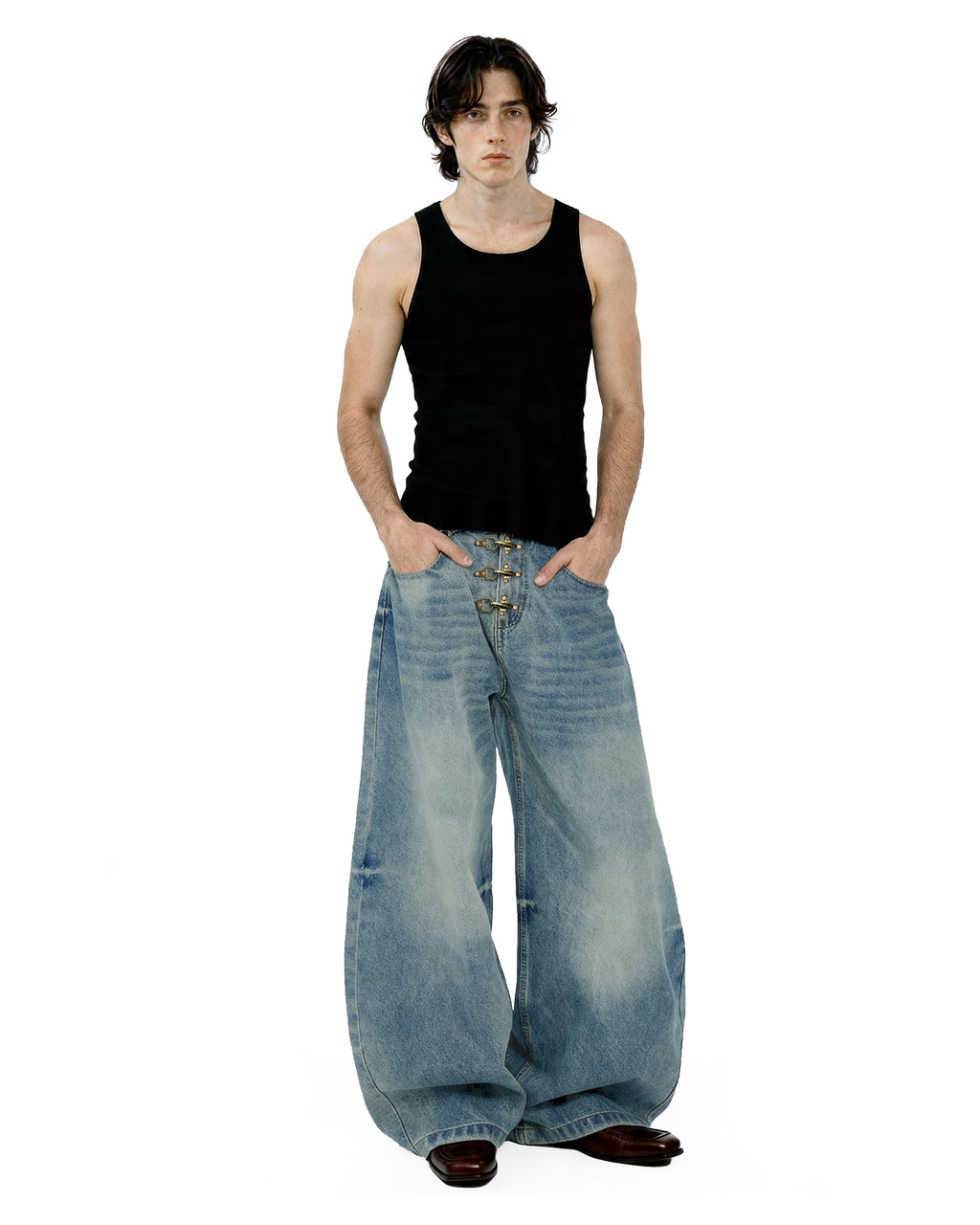 Fireman Buckle Crotch Wide Leg Vintage Wash Denim Jeans