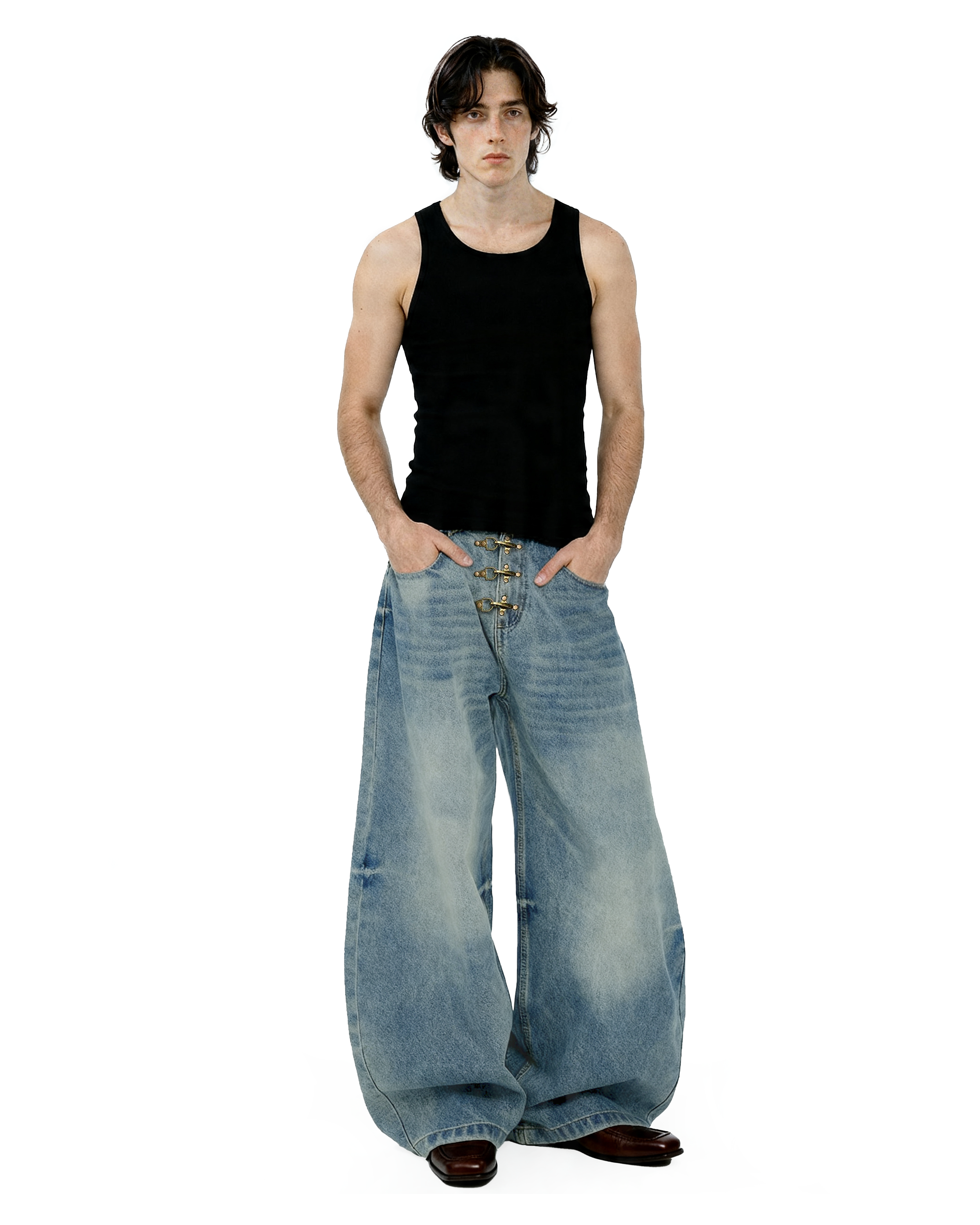 Fireman Buckle Crotch Wide Leg Vintage Wash Denim Jeans