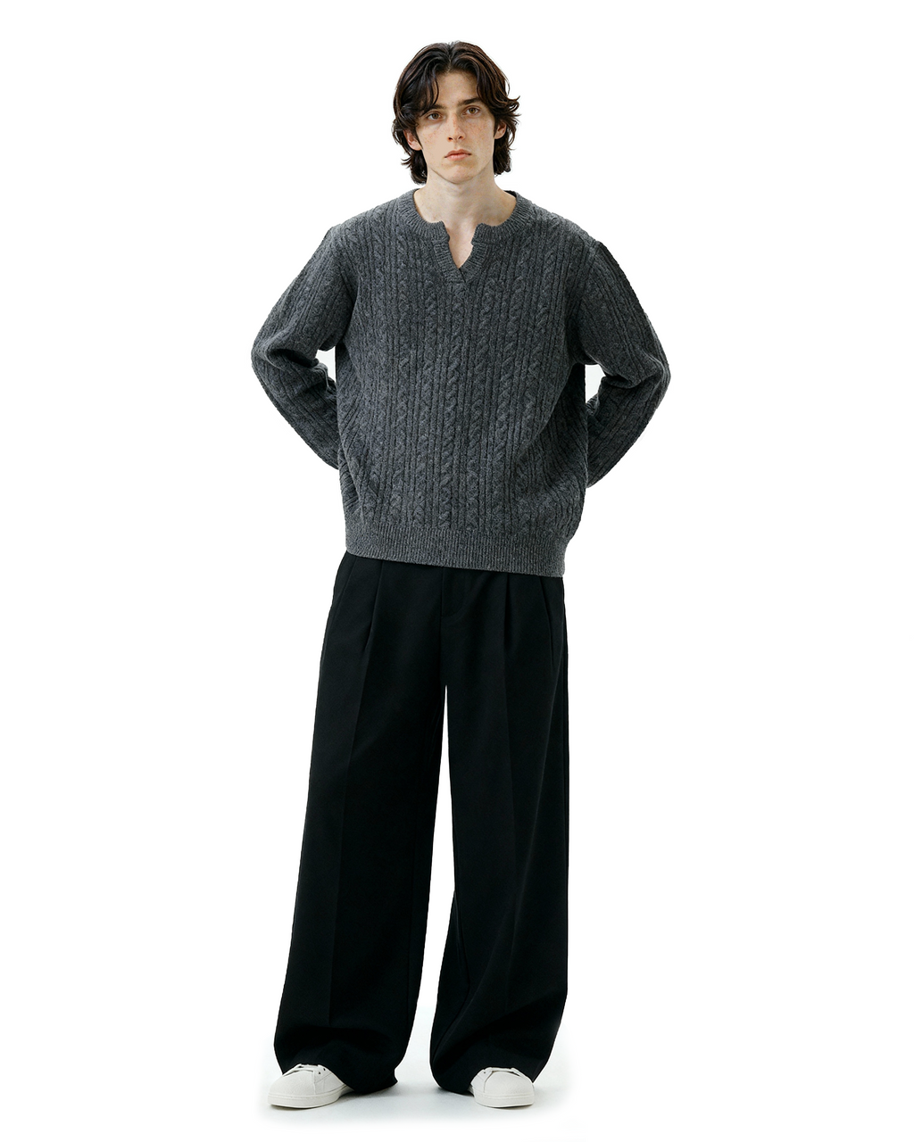 Cable Knit Notch-Neck Henley Pullover