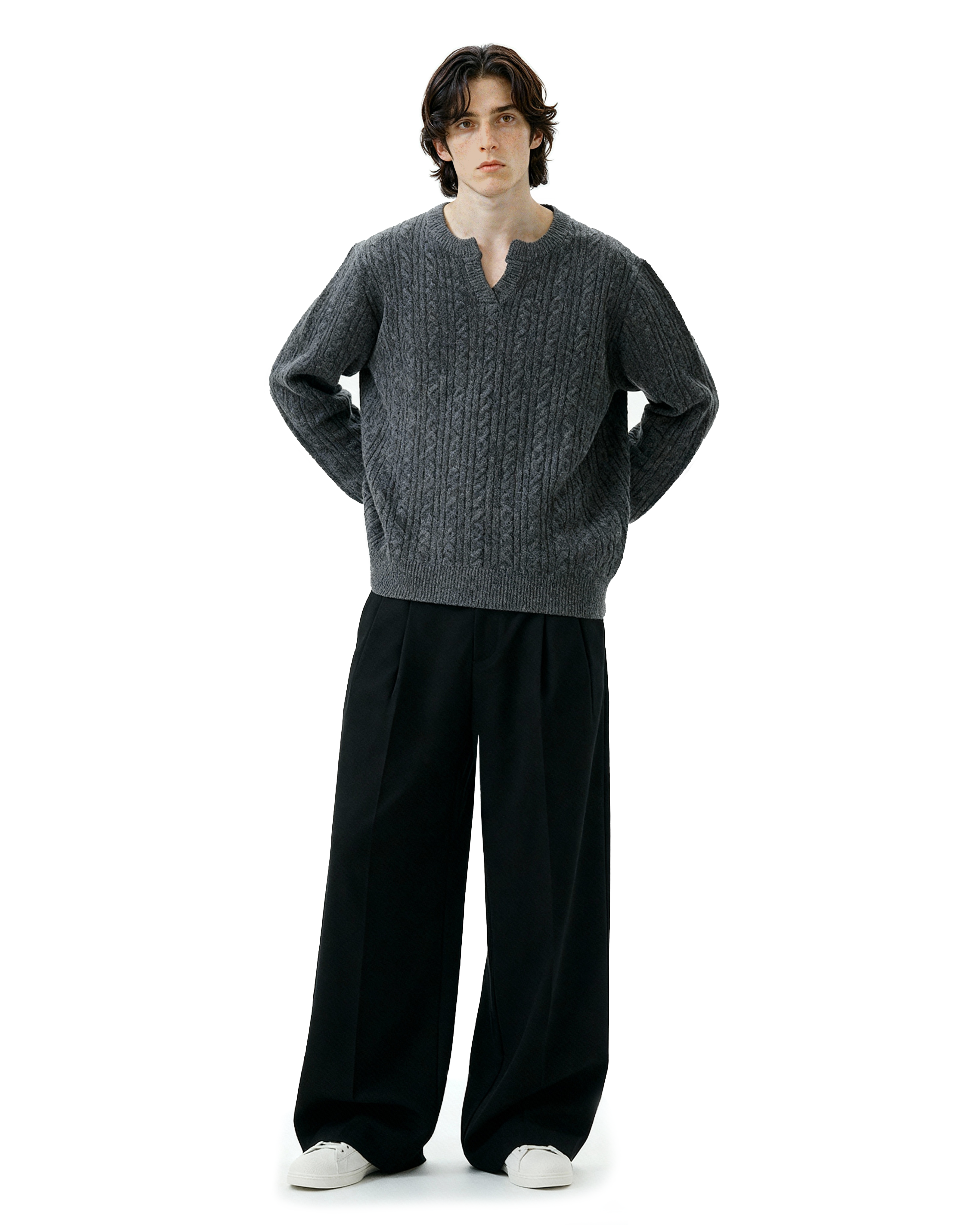 Cable Knit Notch-Neck Henley Pullover