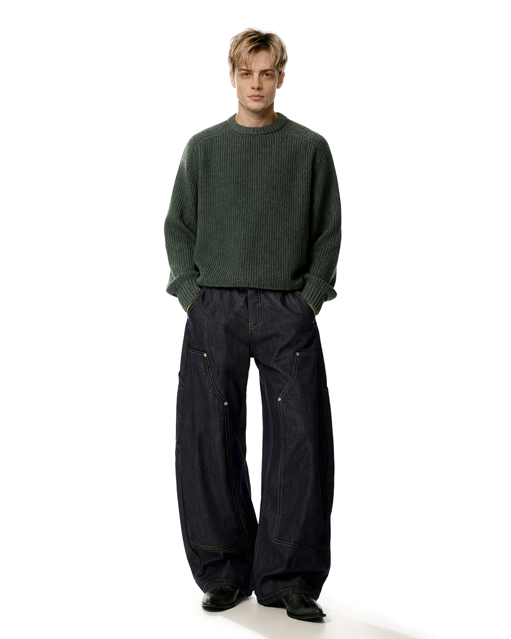 Rivet Detail Wide Leg Contrast Stitch Utility Jeans