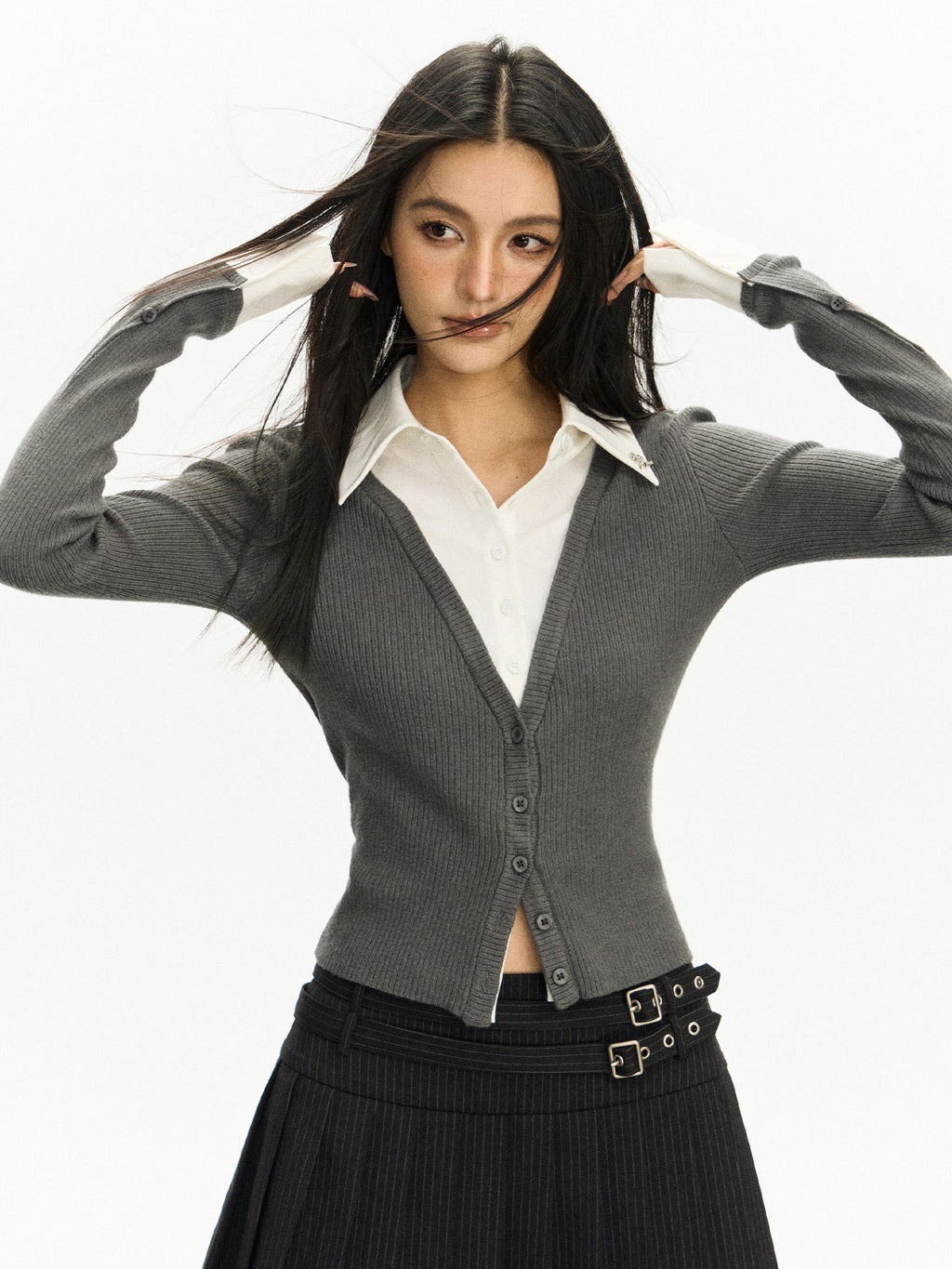 Mock Two-Piece Collared Knit Cardigan