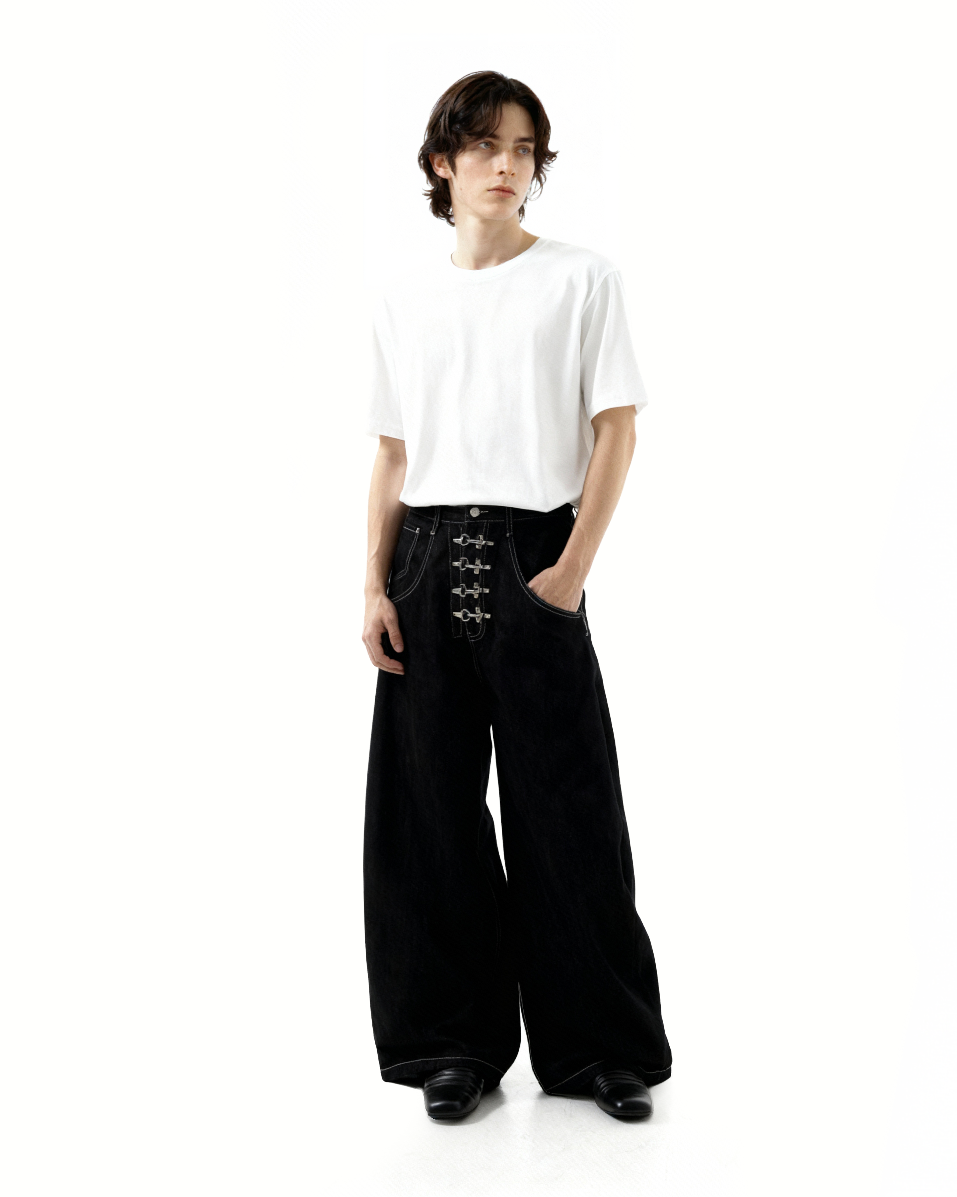 Fireman Buckle Crotch Wide Leg Jeans