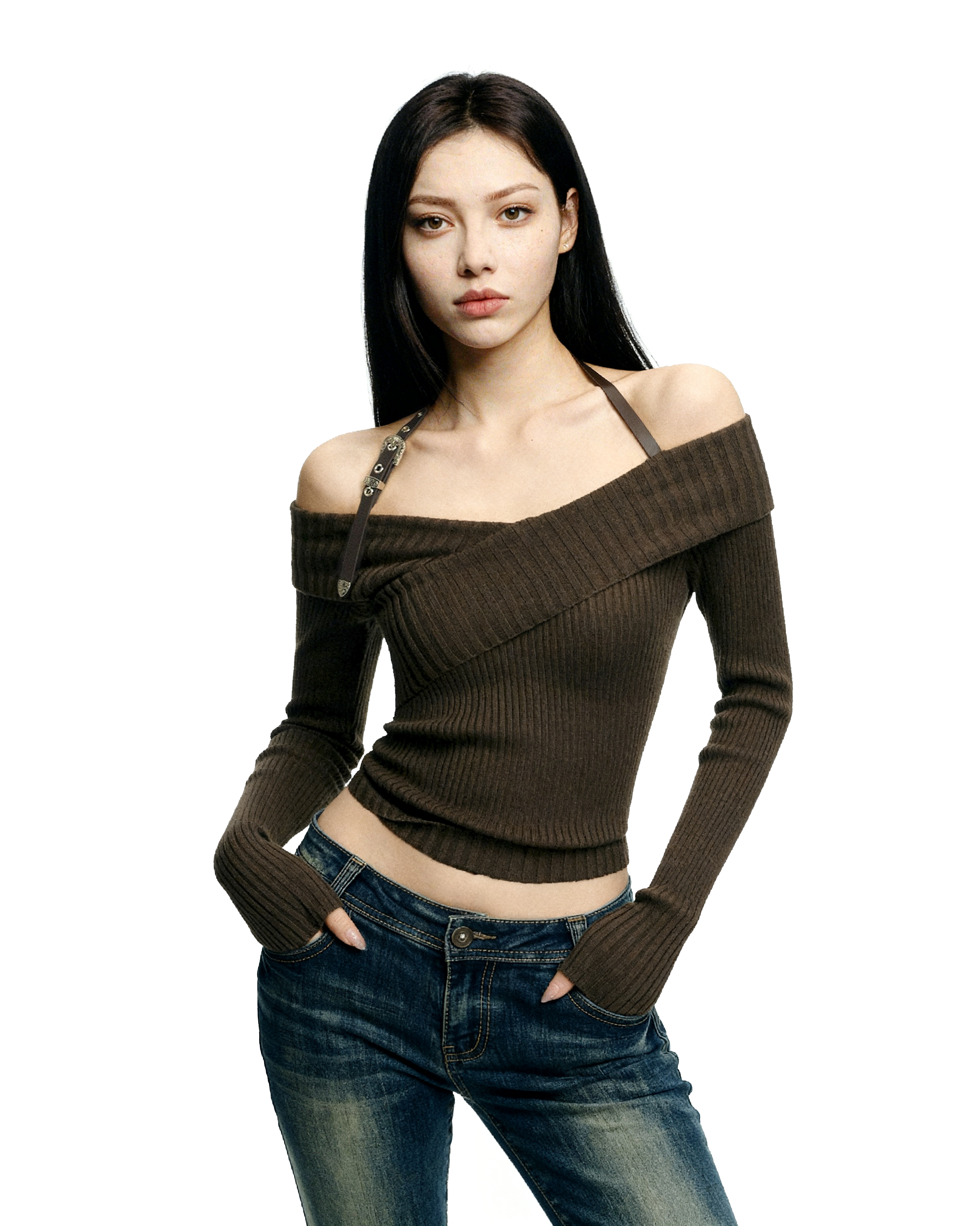 Halter Neck Ribbed Knit Long Sleeve Top