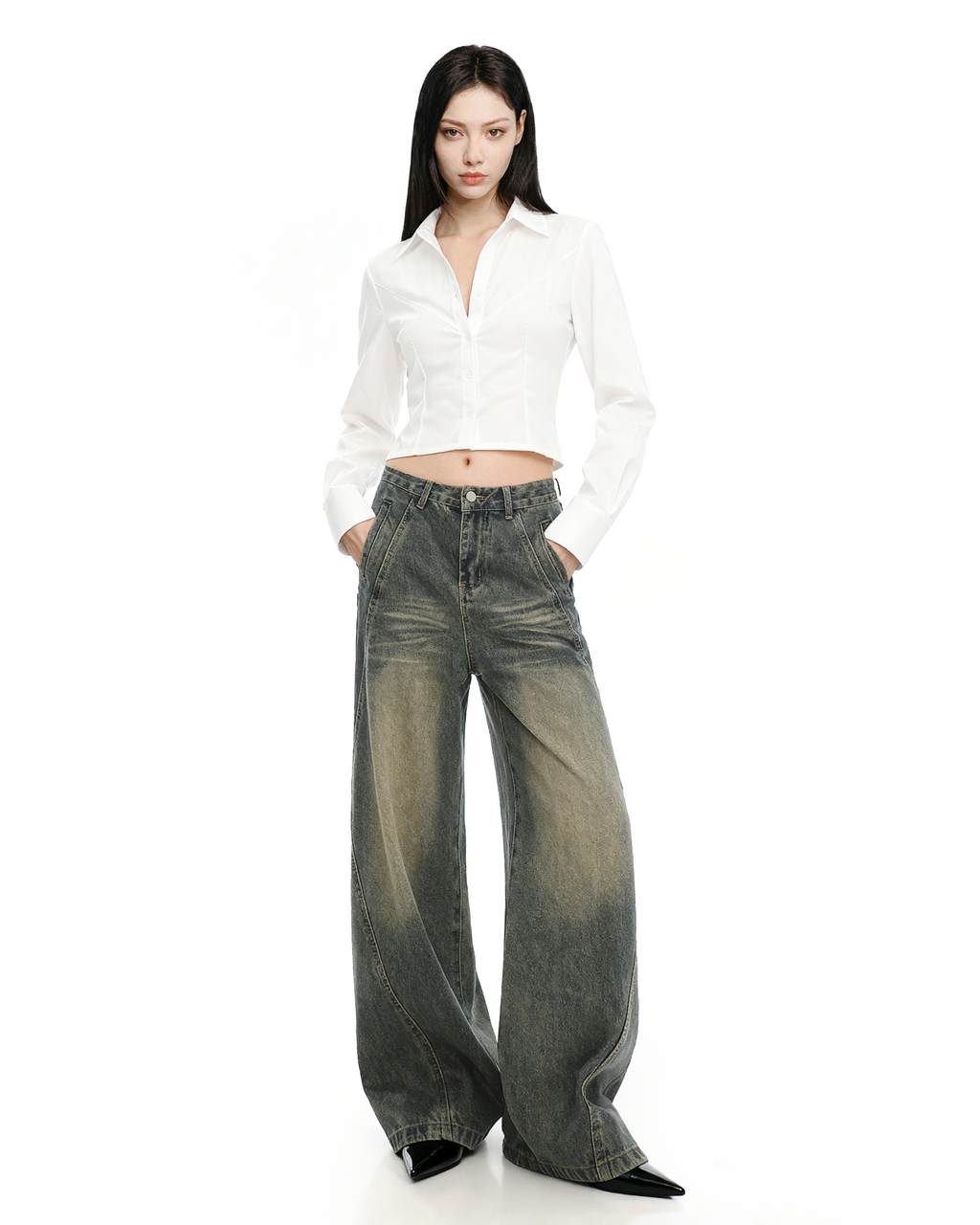 Sandblast Wide-Leg Jeans with Stitch Detail