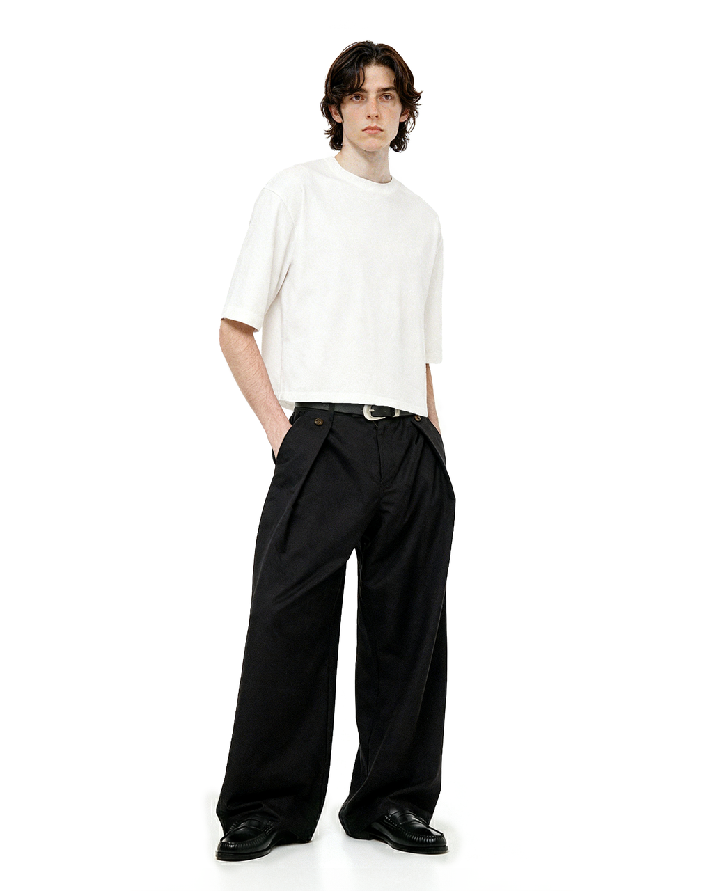 Wide Leg Pleated Pants with Side Overlay Button Panels