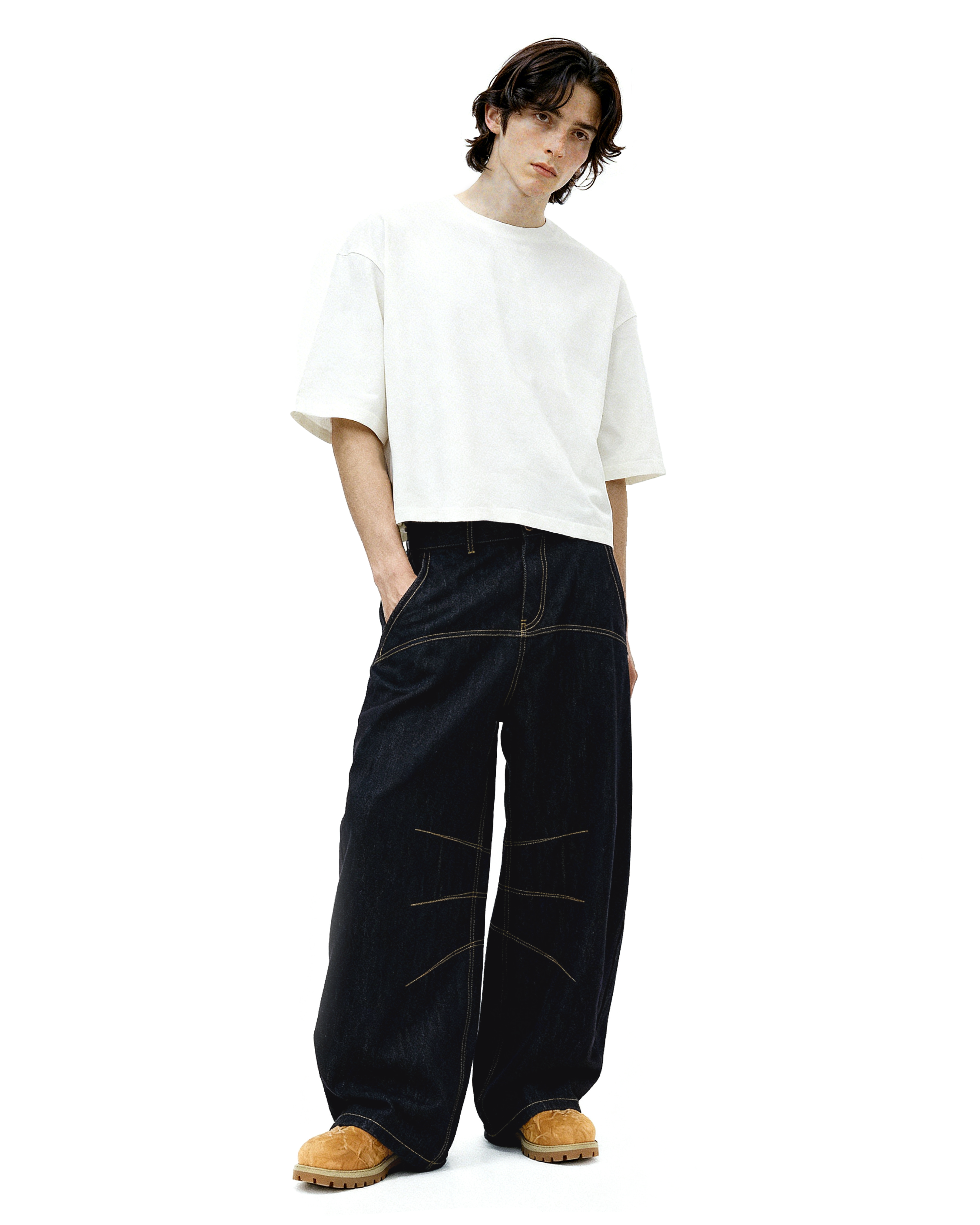 Wide Leg Contrast Stitch Detail Denim Jeans