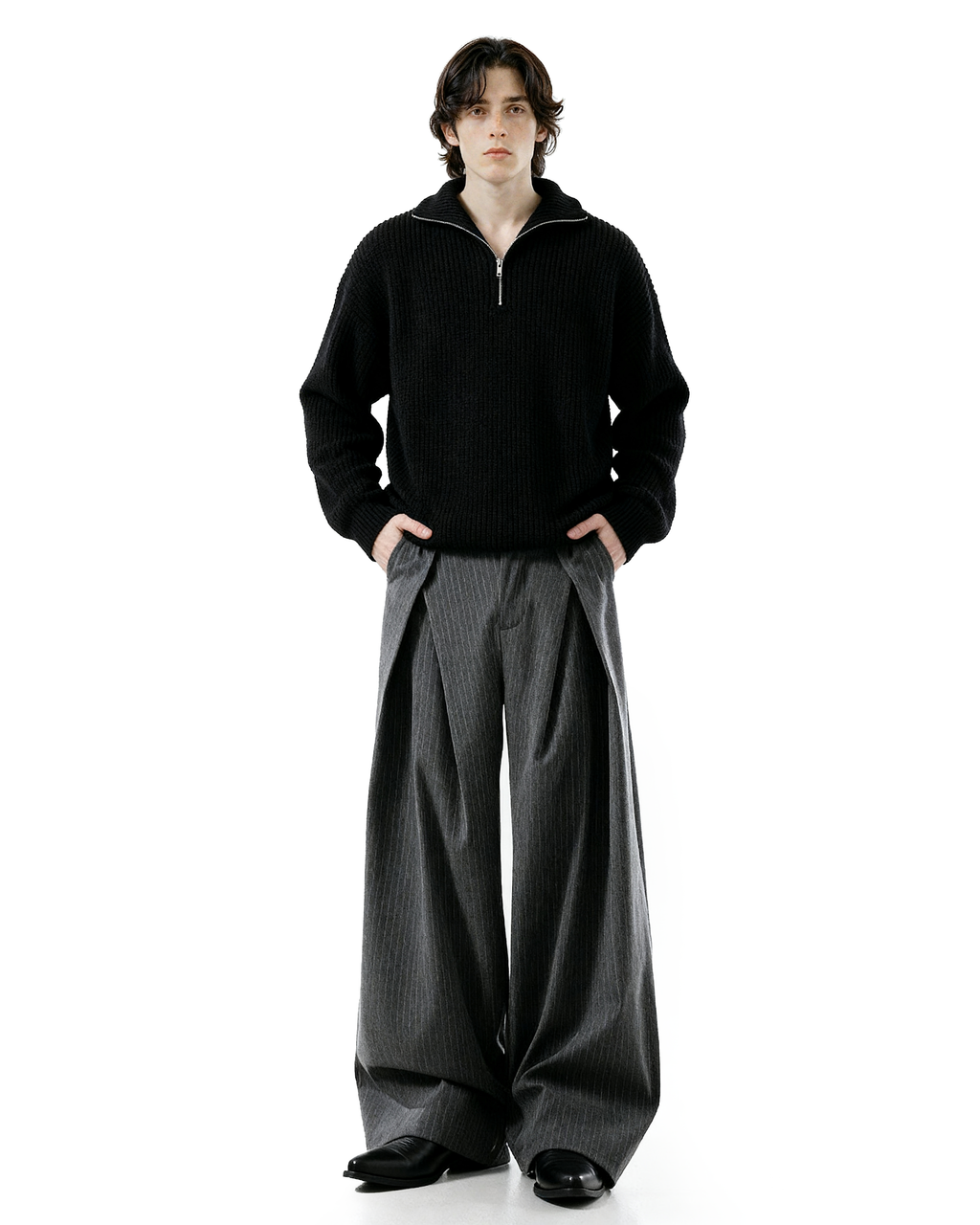 Overlap Pleated Pinstripe Wide-Leg Trousers