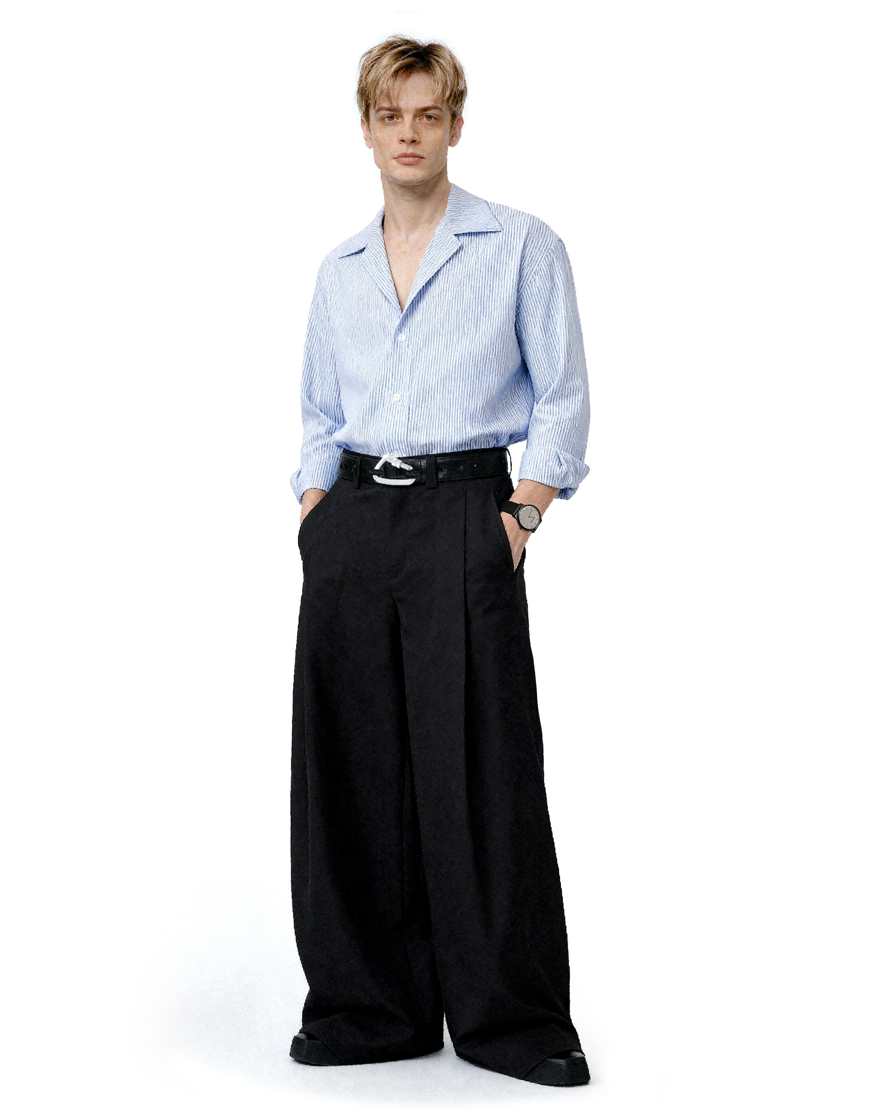Wide Leg Tailored Trousers with Fold-Over Pleat