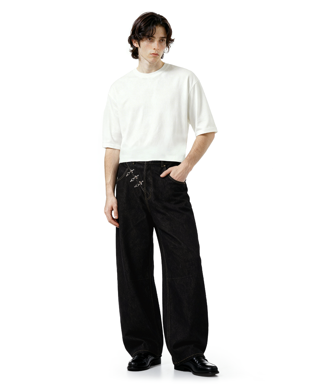 Contrast Stitch Wide Leg Jeans with Diagonal Fireman Buckles