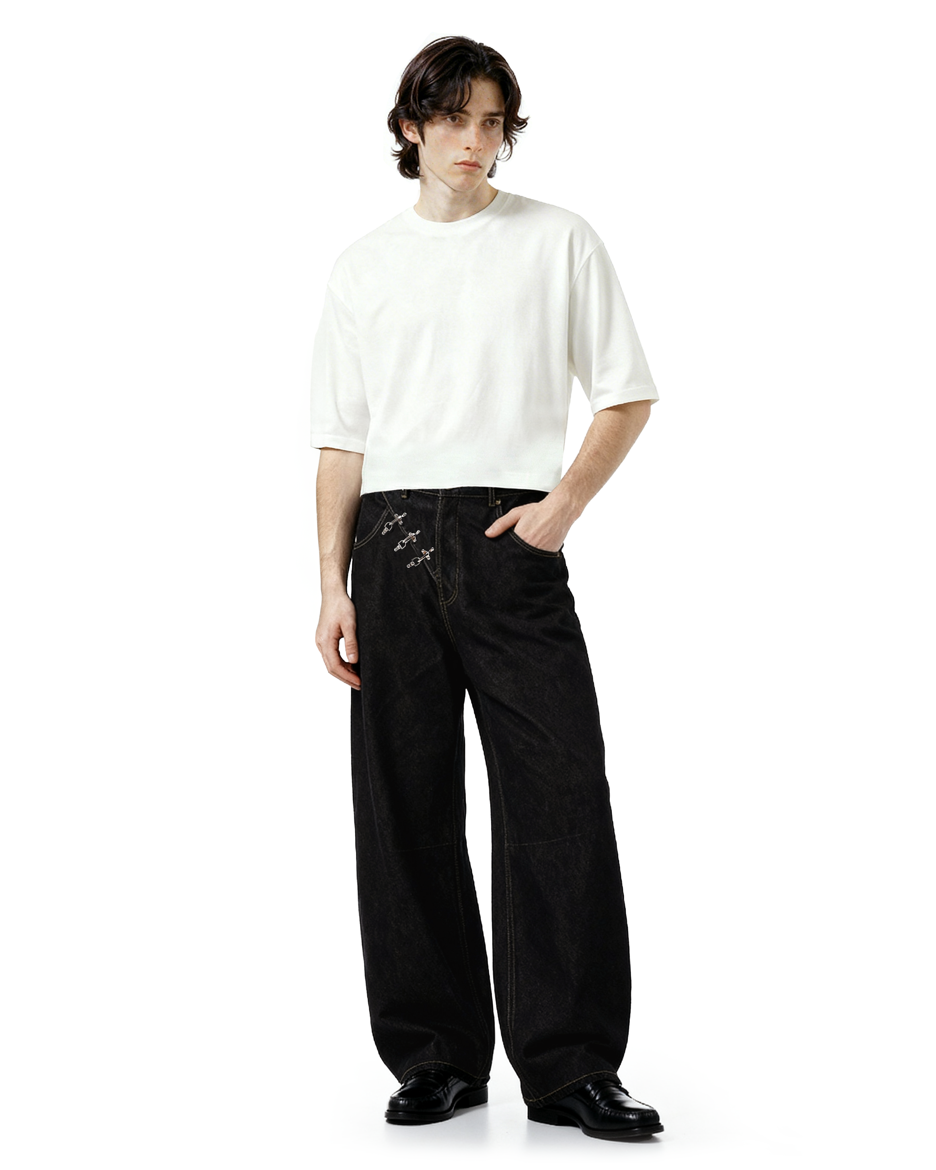 Contrast Stitch Wide Leg Jeans with Diagonal Fireman Buckles