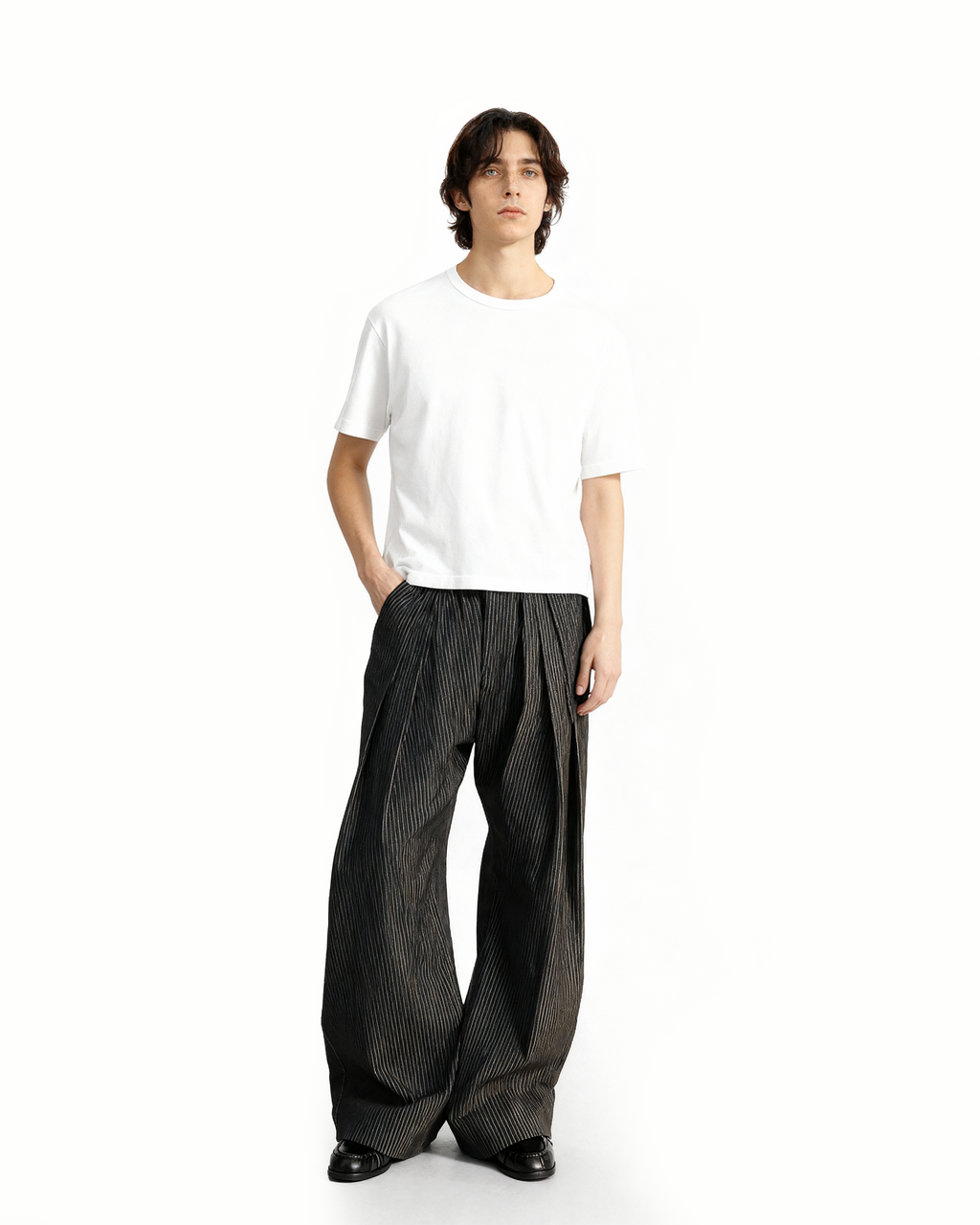 Pinstripe Wide Leg Semi-Flare Multi Pleated Pants