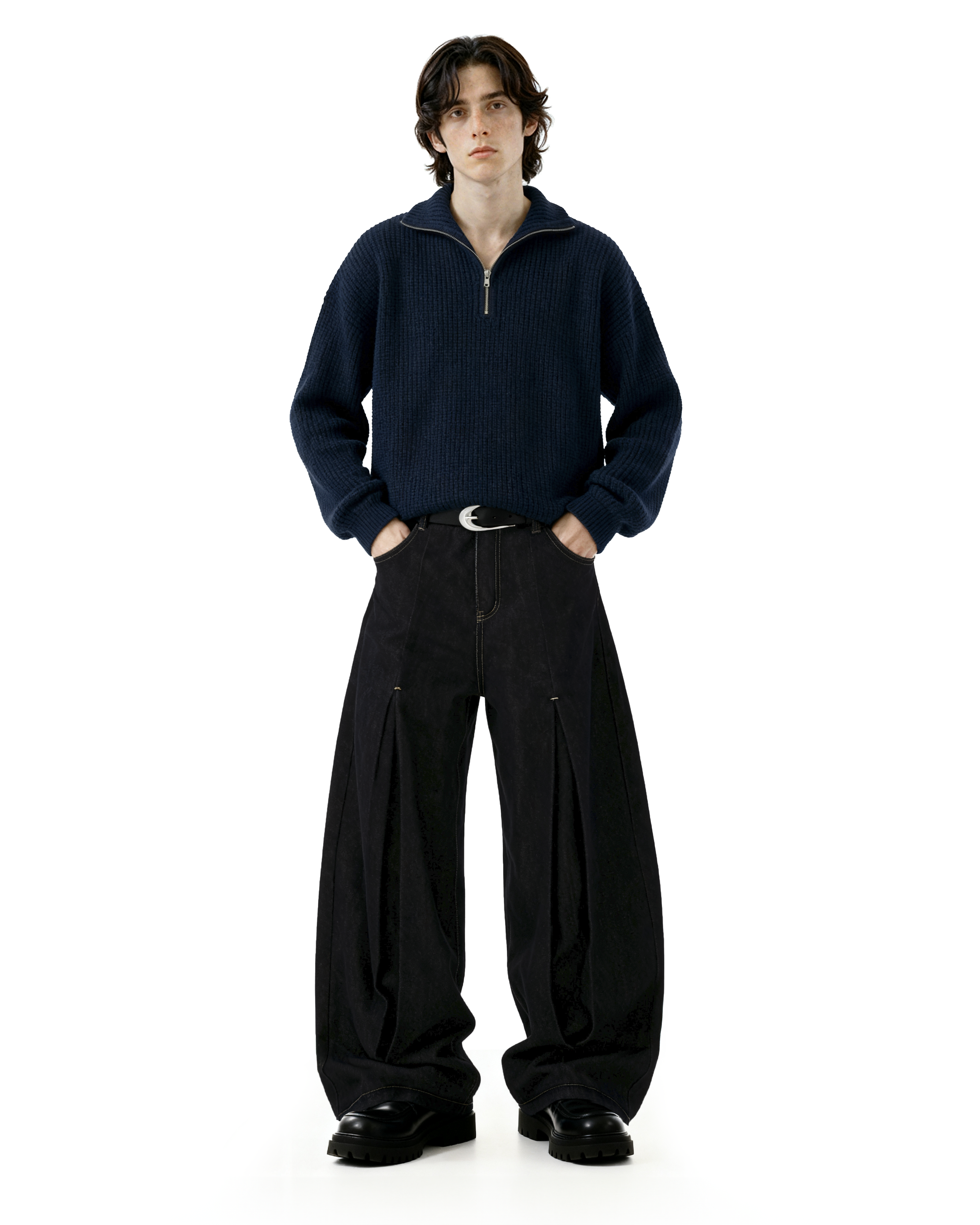 Half-Pleated Dark Wash Contrast Stitch Wide Jeans