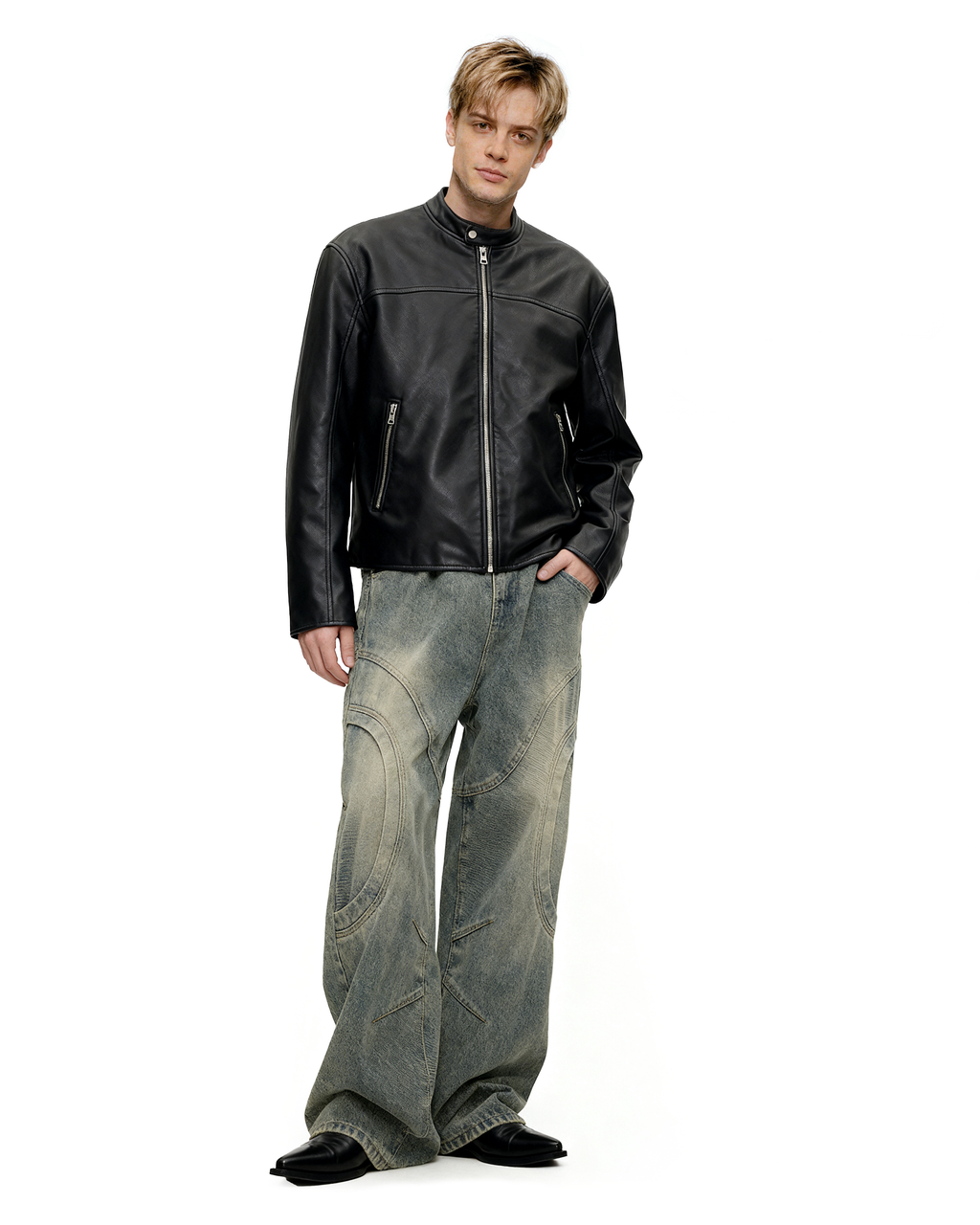 Vintage Sand Wash Wide-Leg Jeans with Stitch Detail