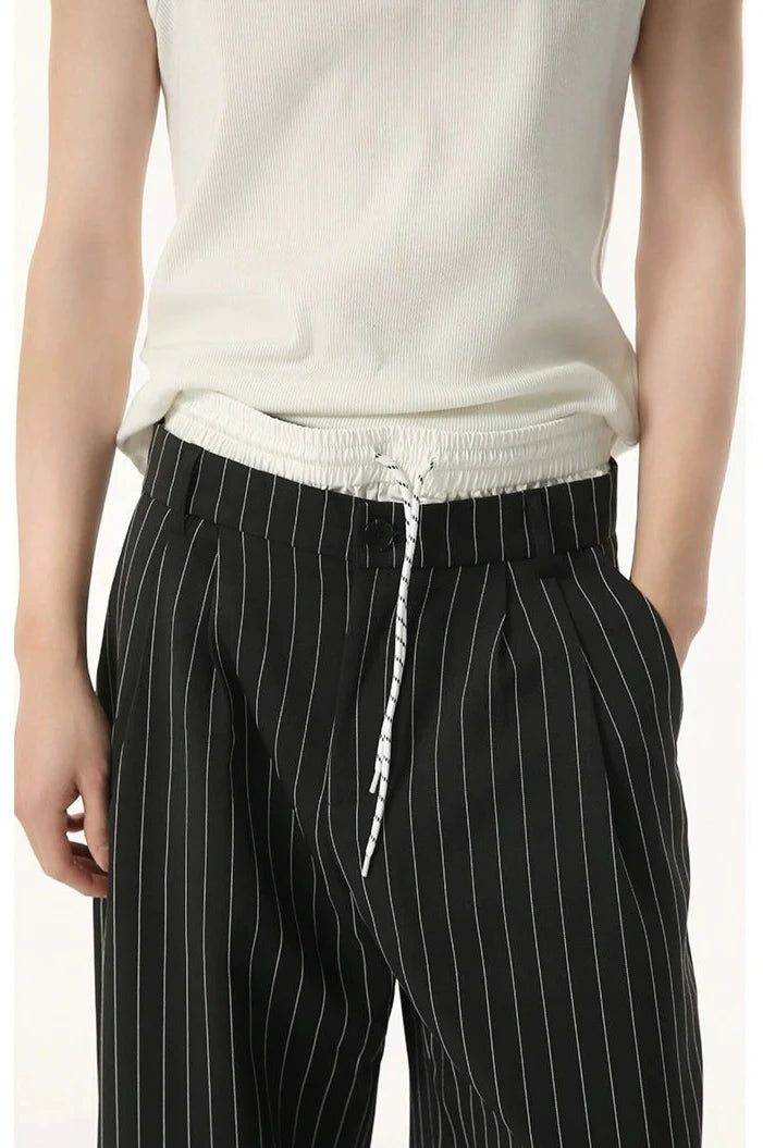 Mock Two-Piece Pinstripe Wide Leg Trousers with Elastic Waist